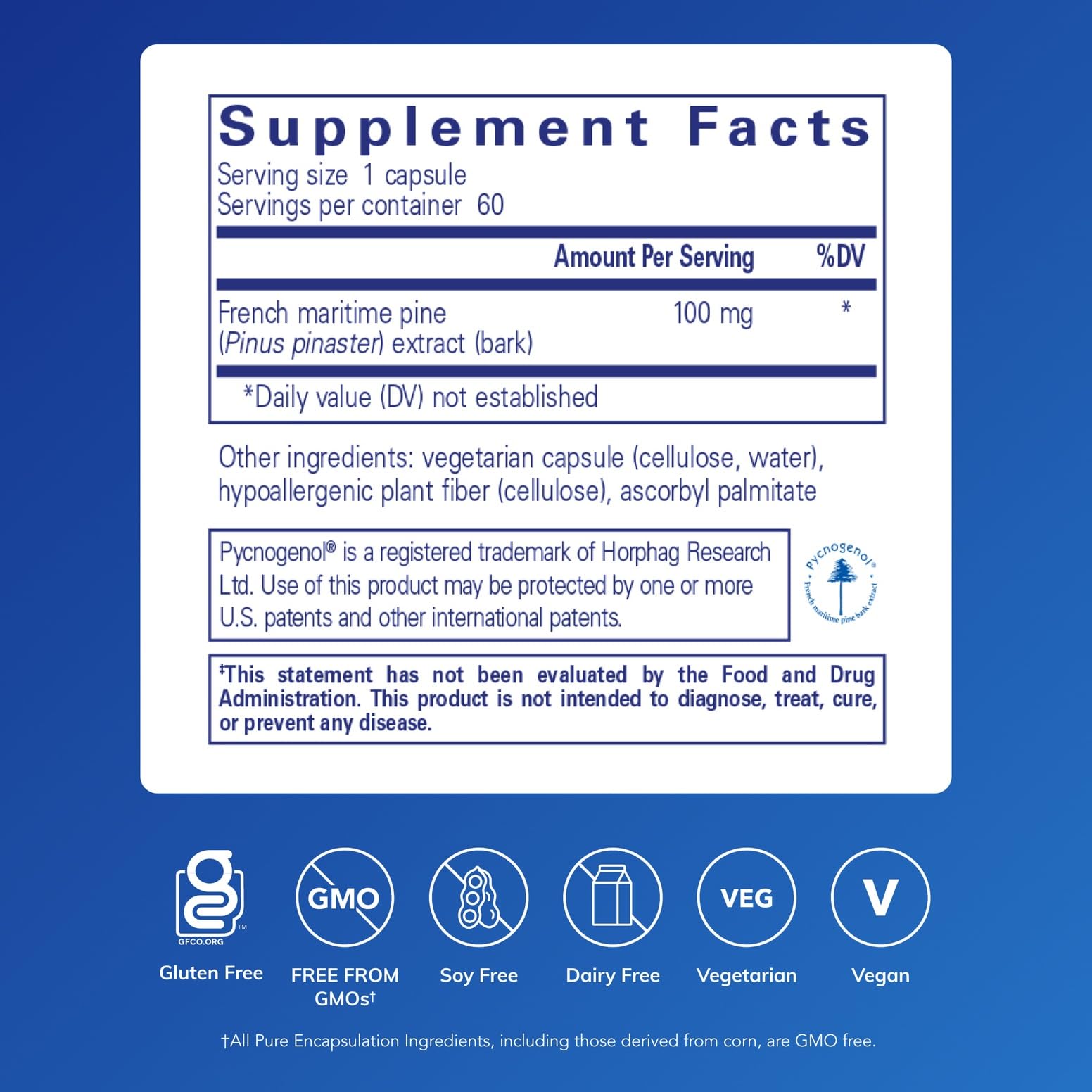 Etiqueta frontal de Pycnogenol 100 mg, facilita identificar beneficios antioxidantes.