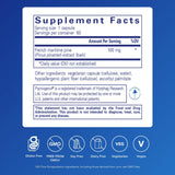 Etiqueta frontal de Pycnogenol 100 mg, facilita identificar beneficios antioxidantes.