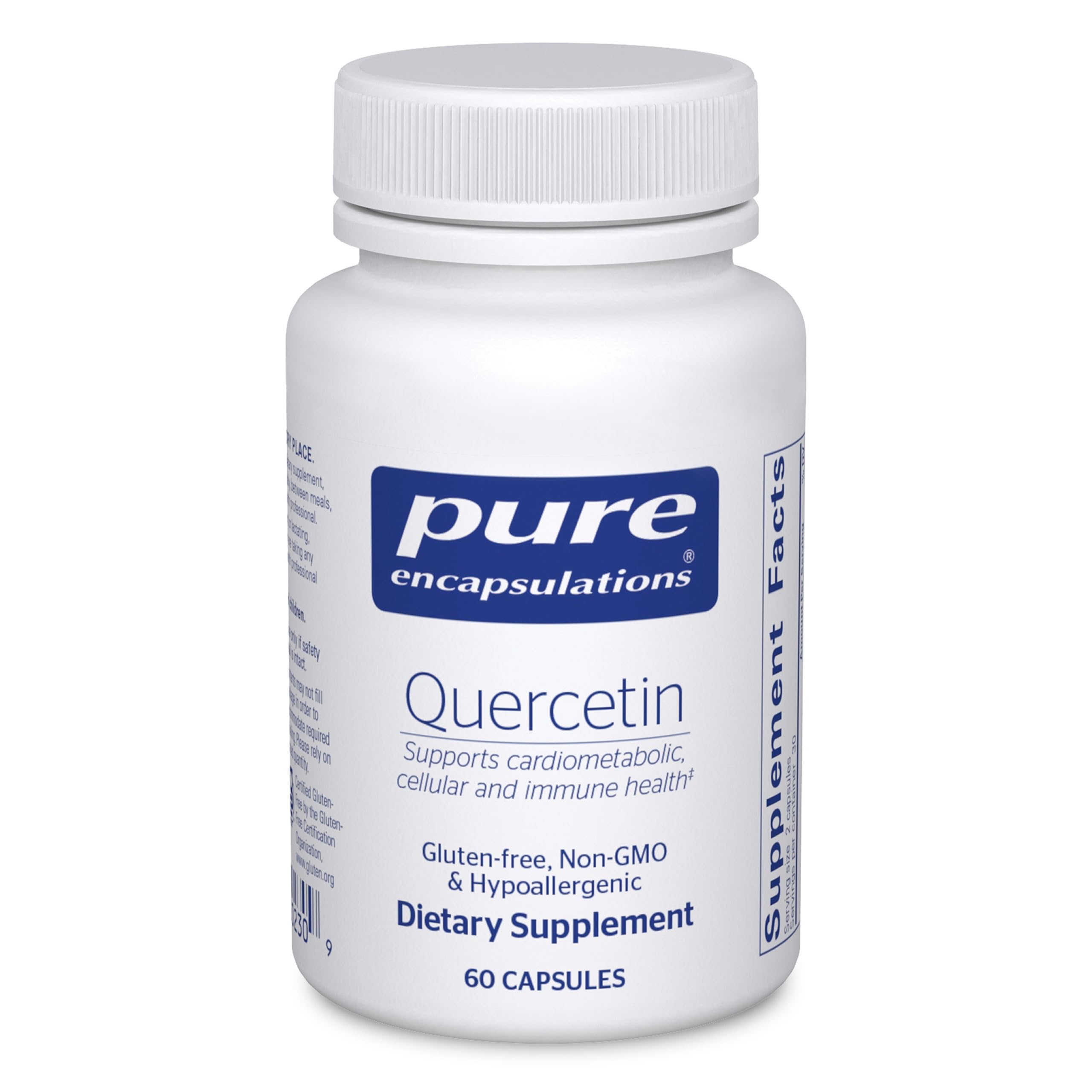 Pure Encapsulations Quercetina 500 mg, botella elegante para uso diario.