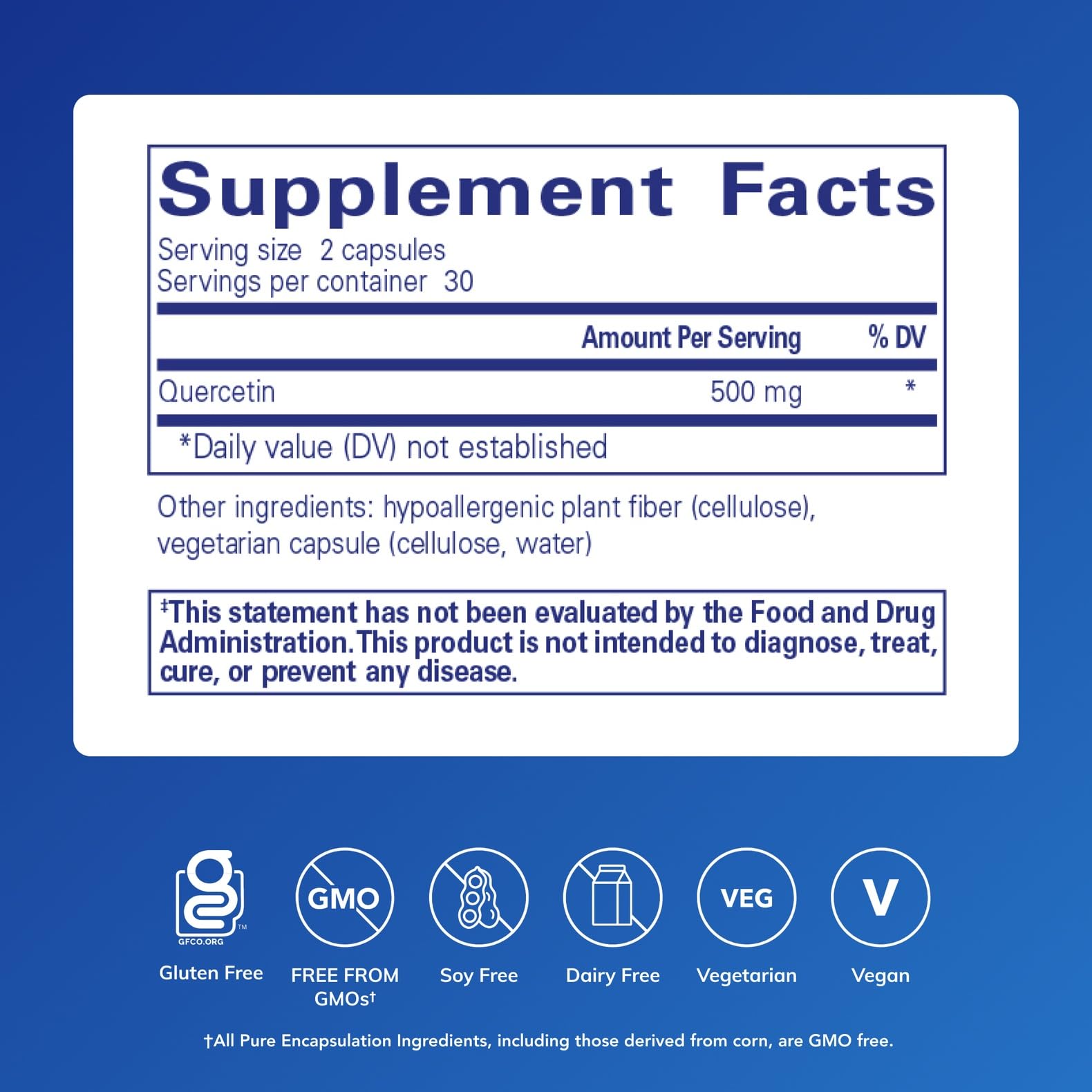 Quercetina 500 mg en cápsulas, dosis conveniente para consumo diario.