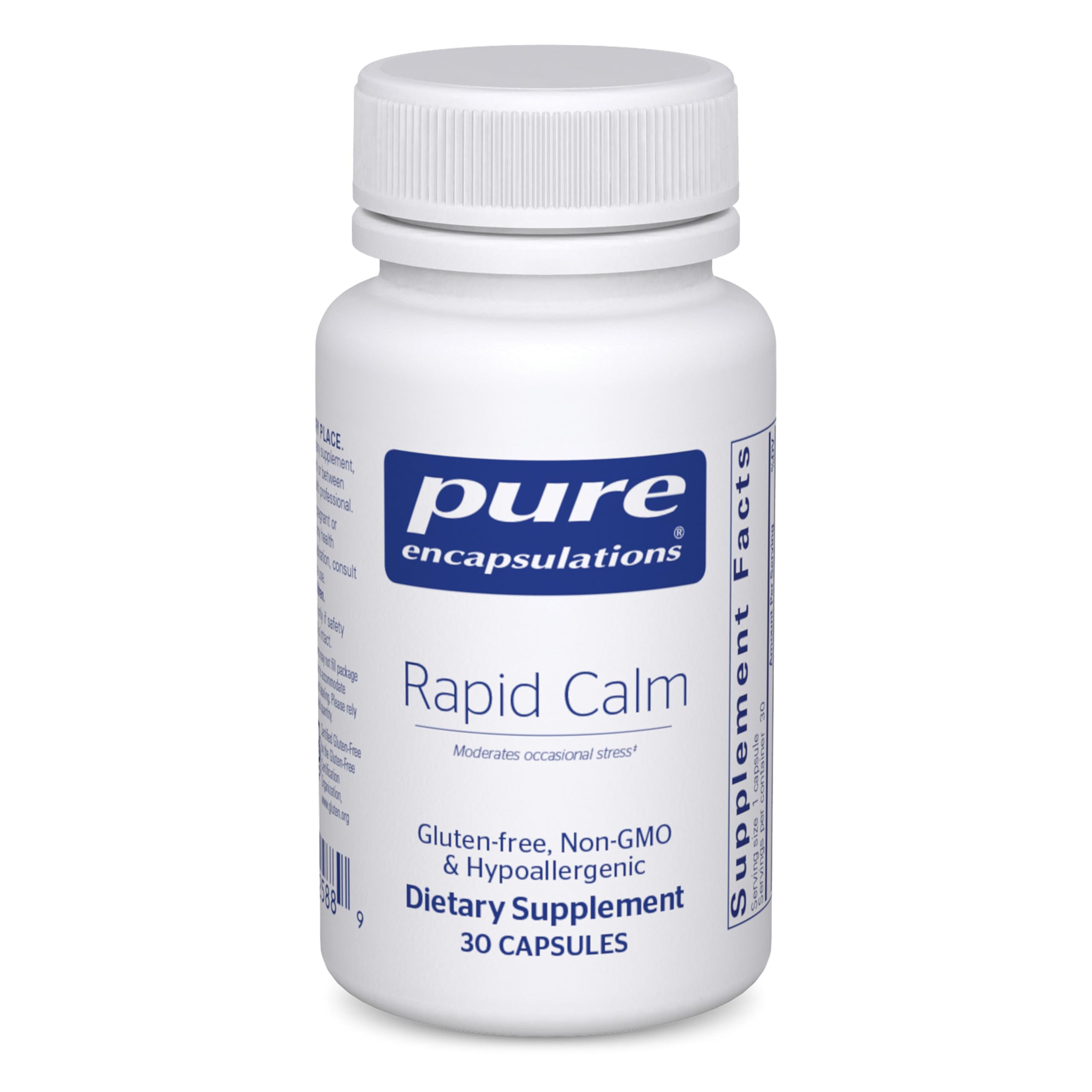 Pure Encapsulations Rapid Calm botella visible, admite relajación diaria ante el estrés ocasional.