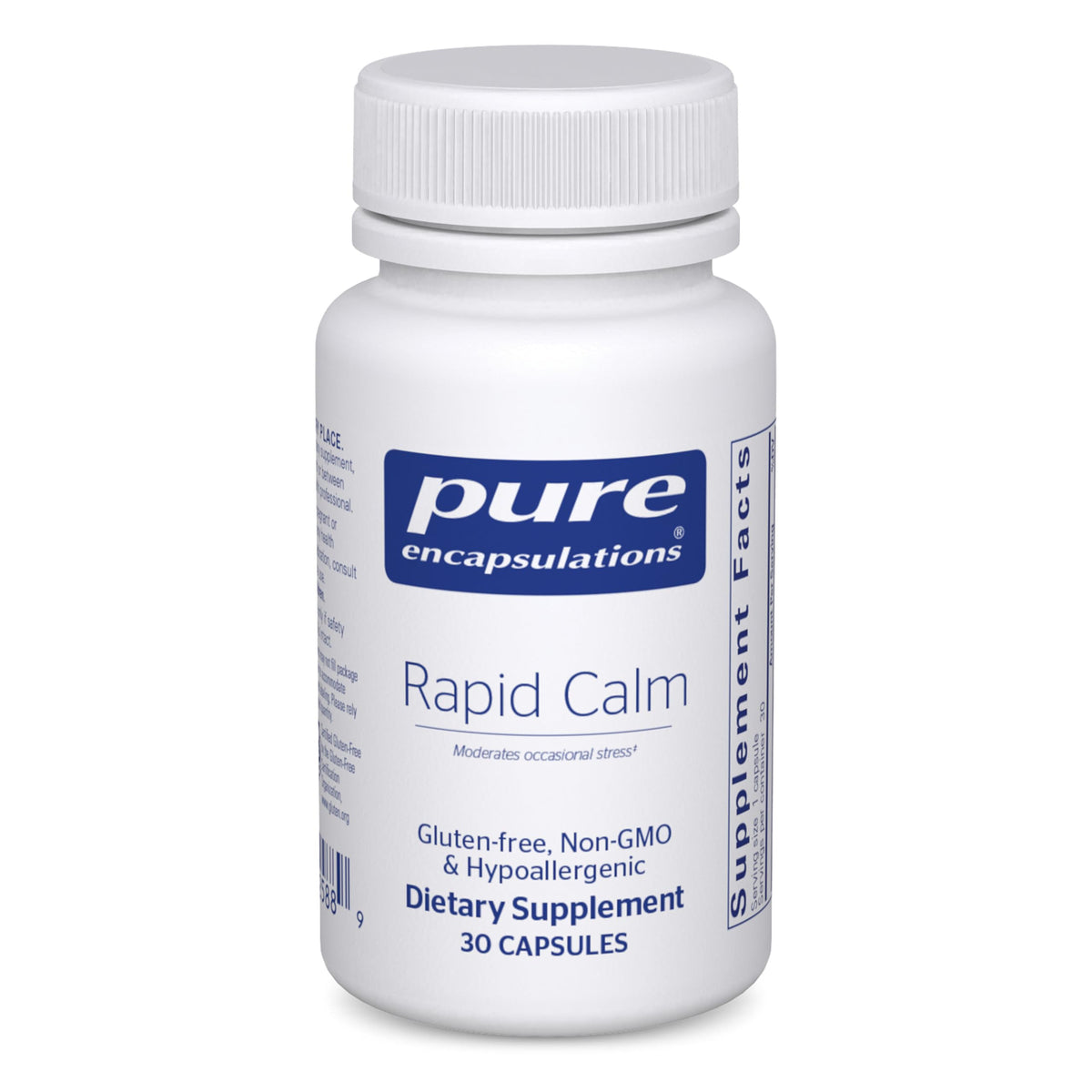 Pure Encapsulations Rapid Calm botella visible, admite relajación diaria ante el estrés ocasional.