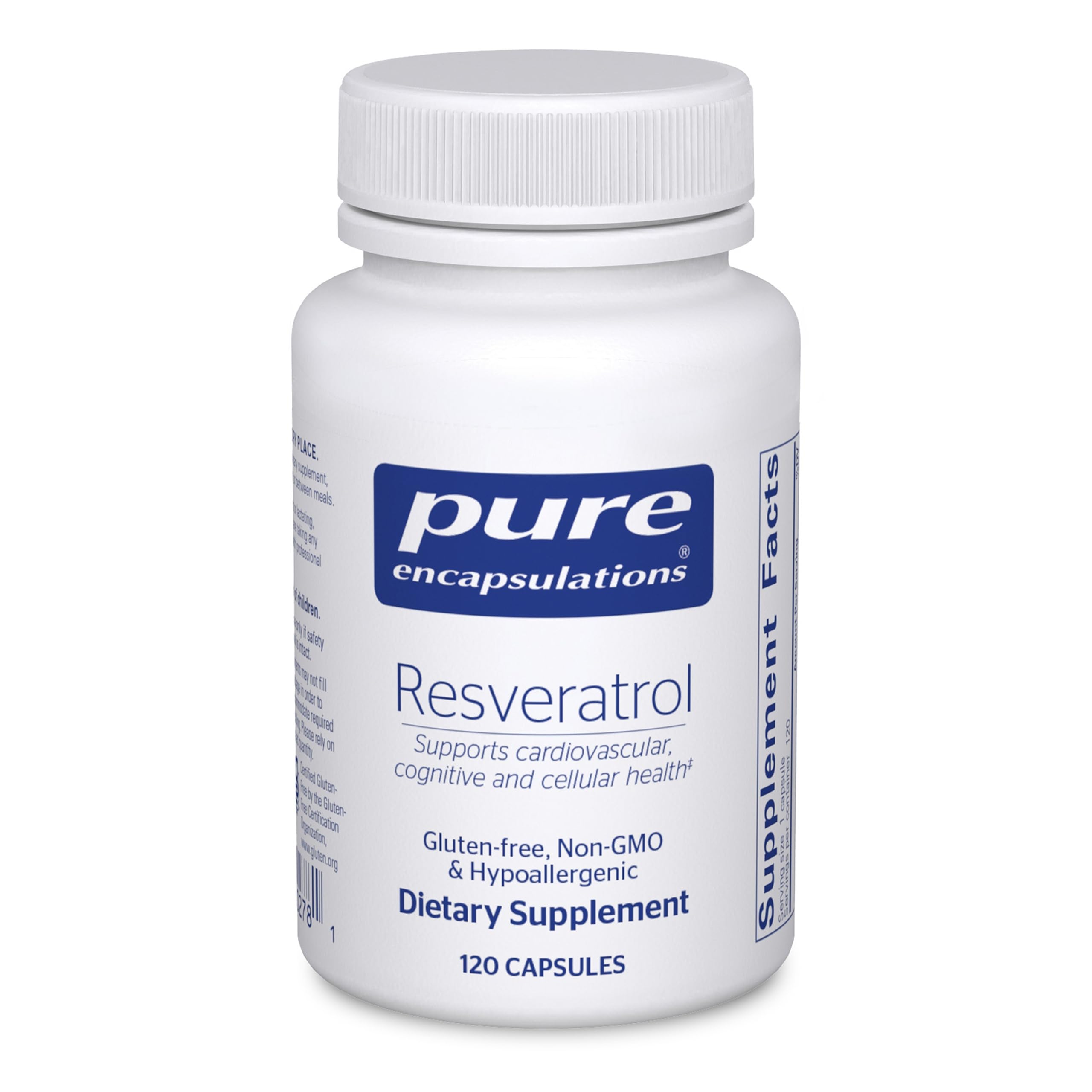 Pure Encapsulations Resveratrol, botella de 120 cápsulas para apoyo antioxidante diario.