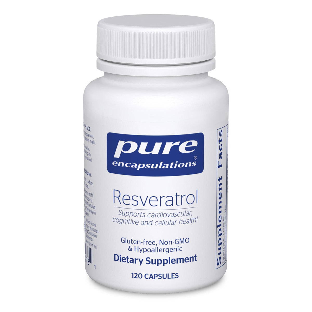Pure Encapsulations Resveratrol, botella de 120 cápsulas para apoyo antioxidante diario.