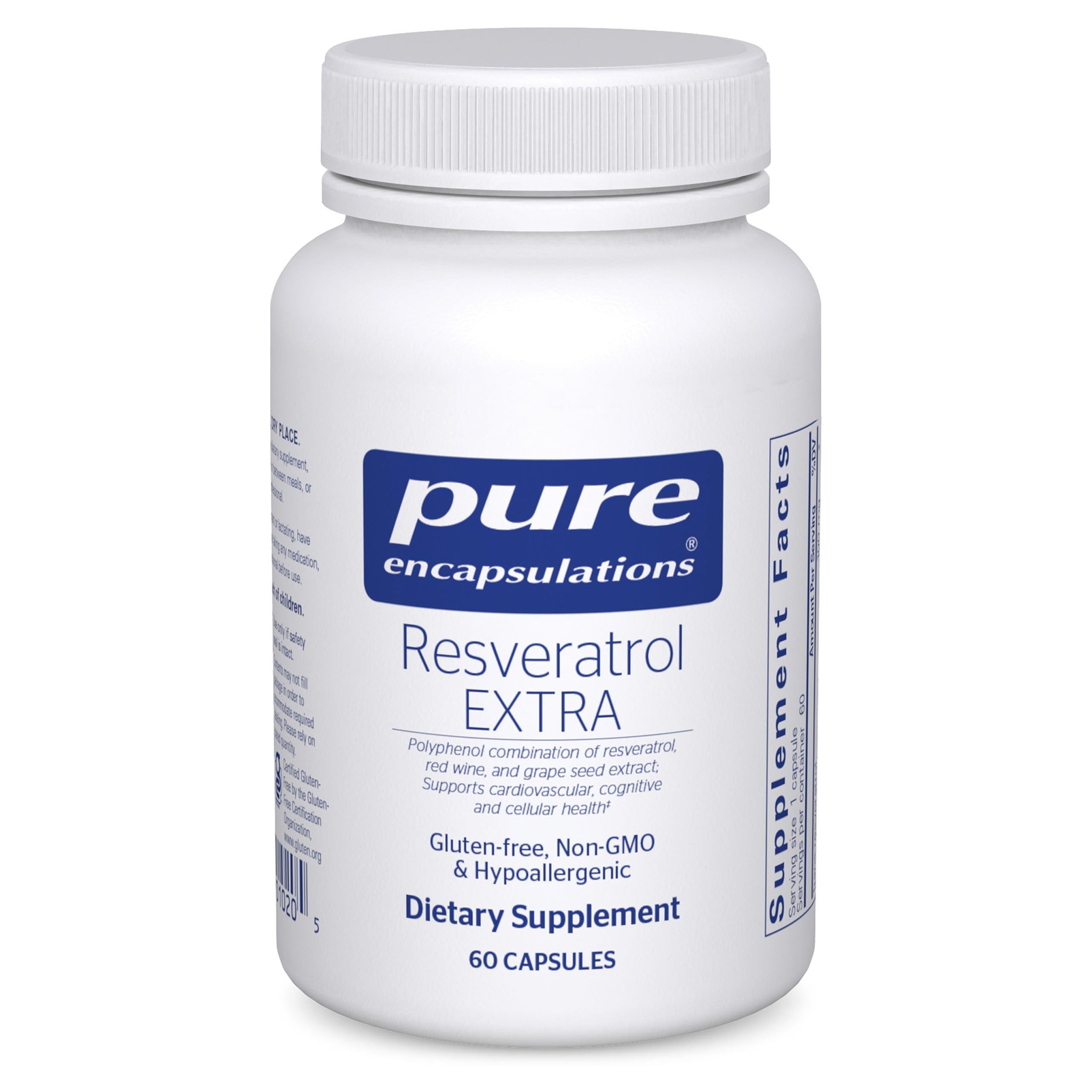 Pure Encapsulations Resveratrol EXTRA: botella de cápsulas para apoyo antioxidante diario.