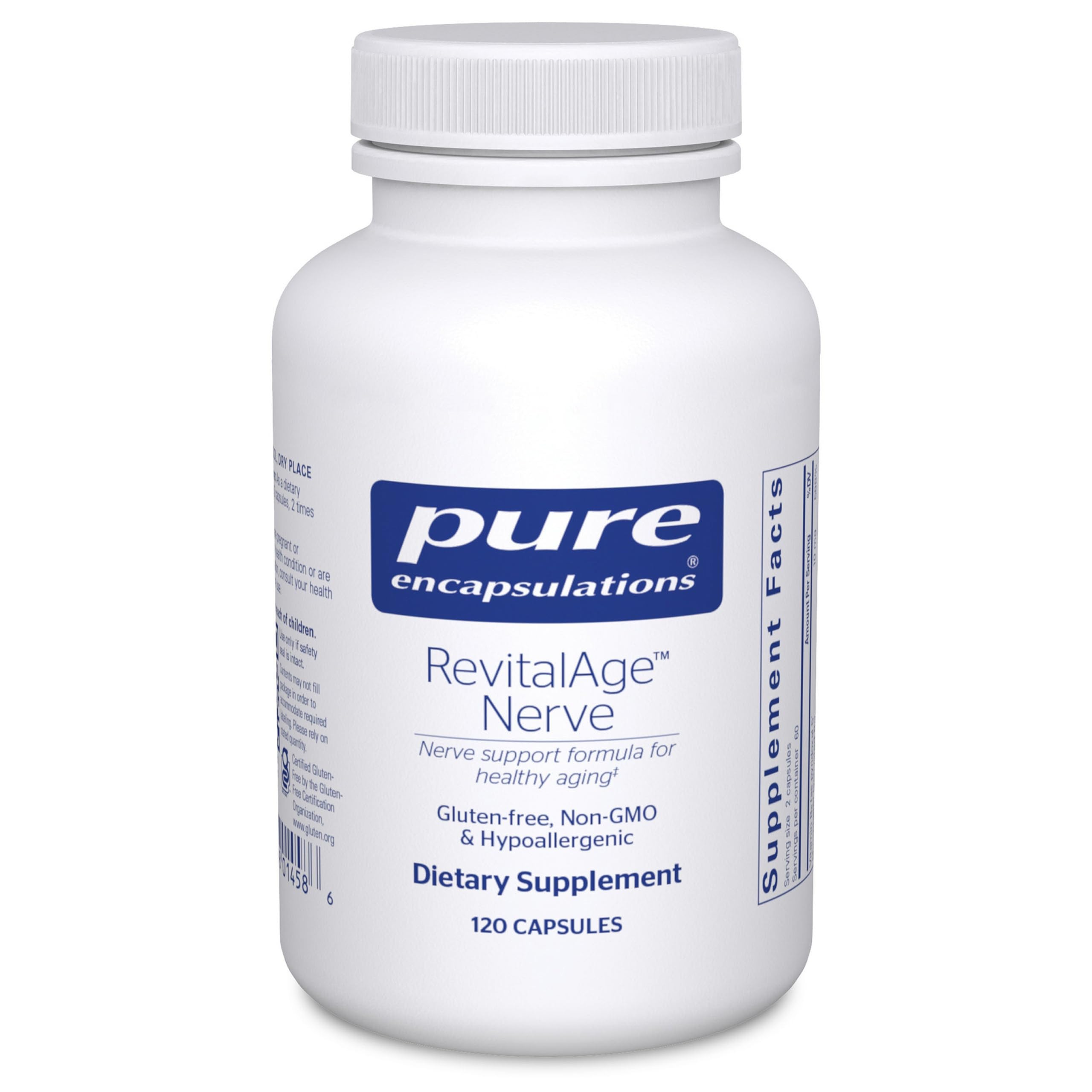 Revita-Age Nerve de Pure Encapsulations en botella, apoyo nervioso suave y constante.