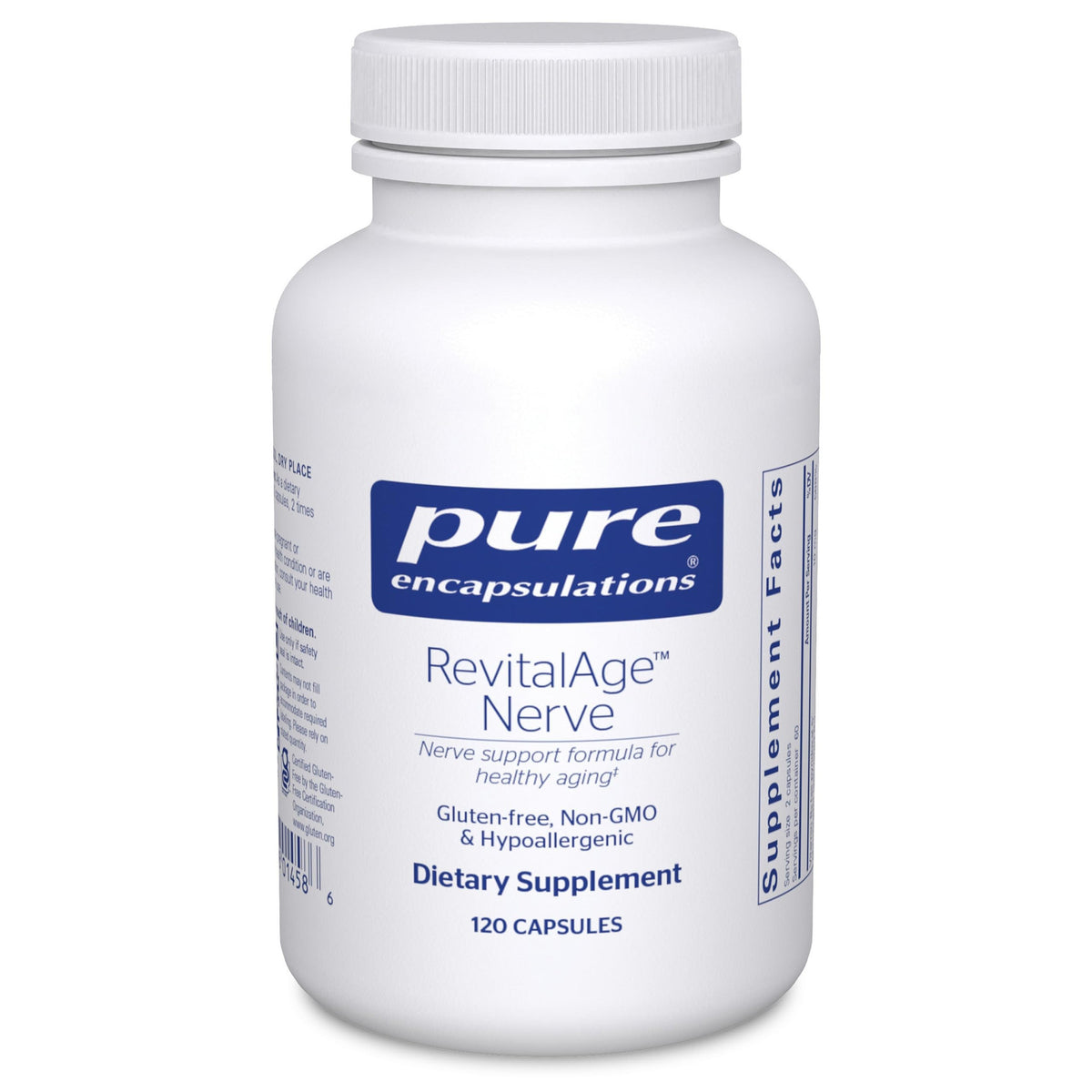 Revita-Age Nerve de Pure Encapsulations en botella, apoyo nervioso suave y constante.