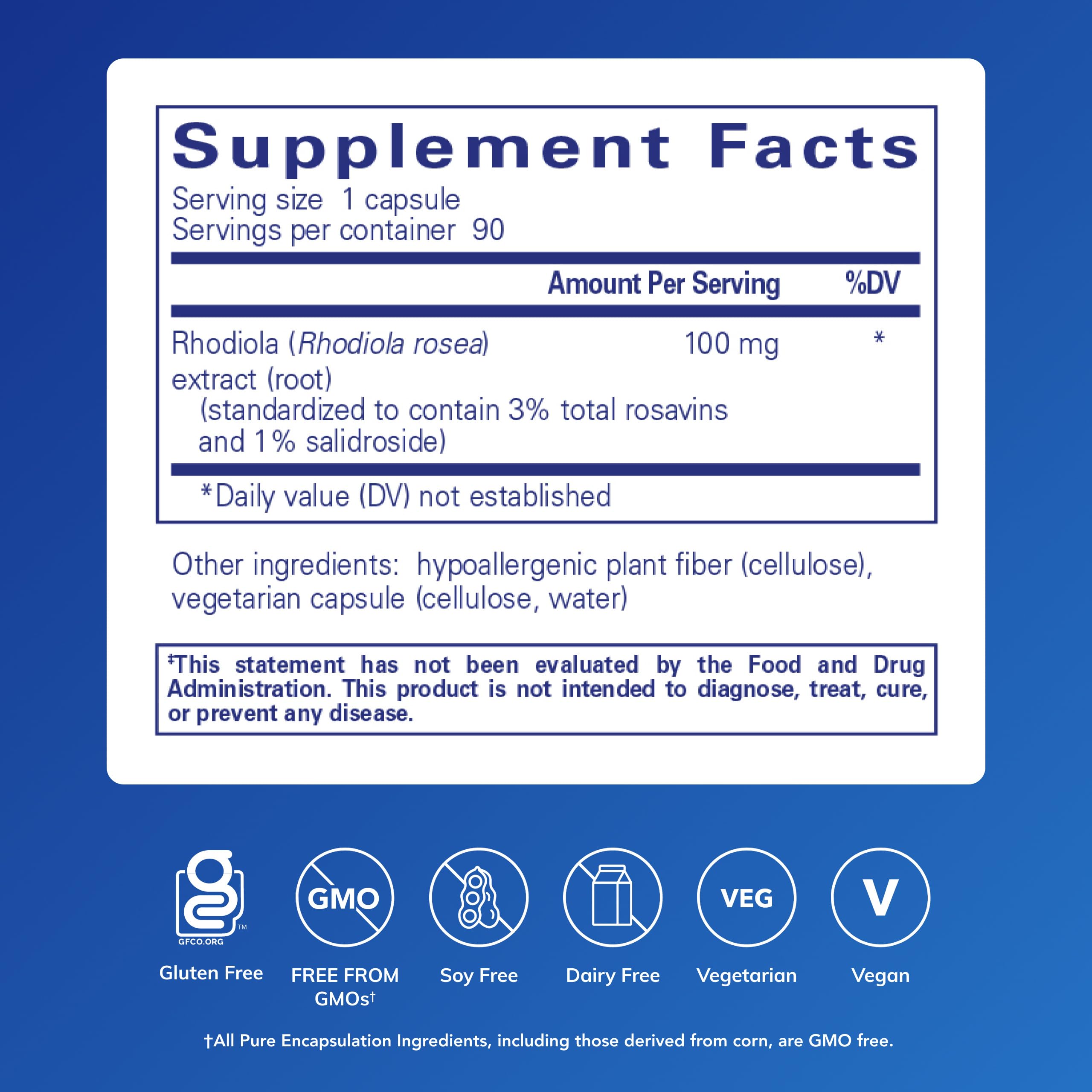 Pure Encapsulations Rhodiola Rosea, botella lateral; libre de gluten y vegano