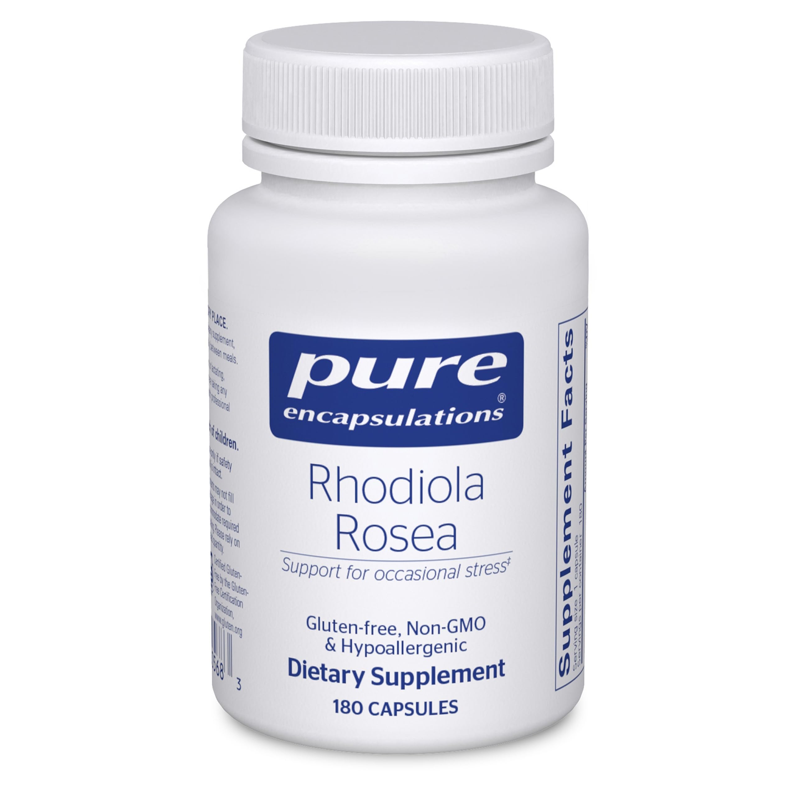Pure Encapsulations Rhodiola Rosea, frasco visible, apoyo a la energía durante esfuerzos ocasionales.