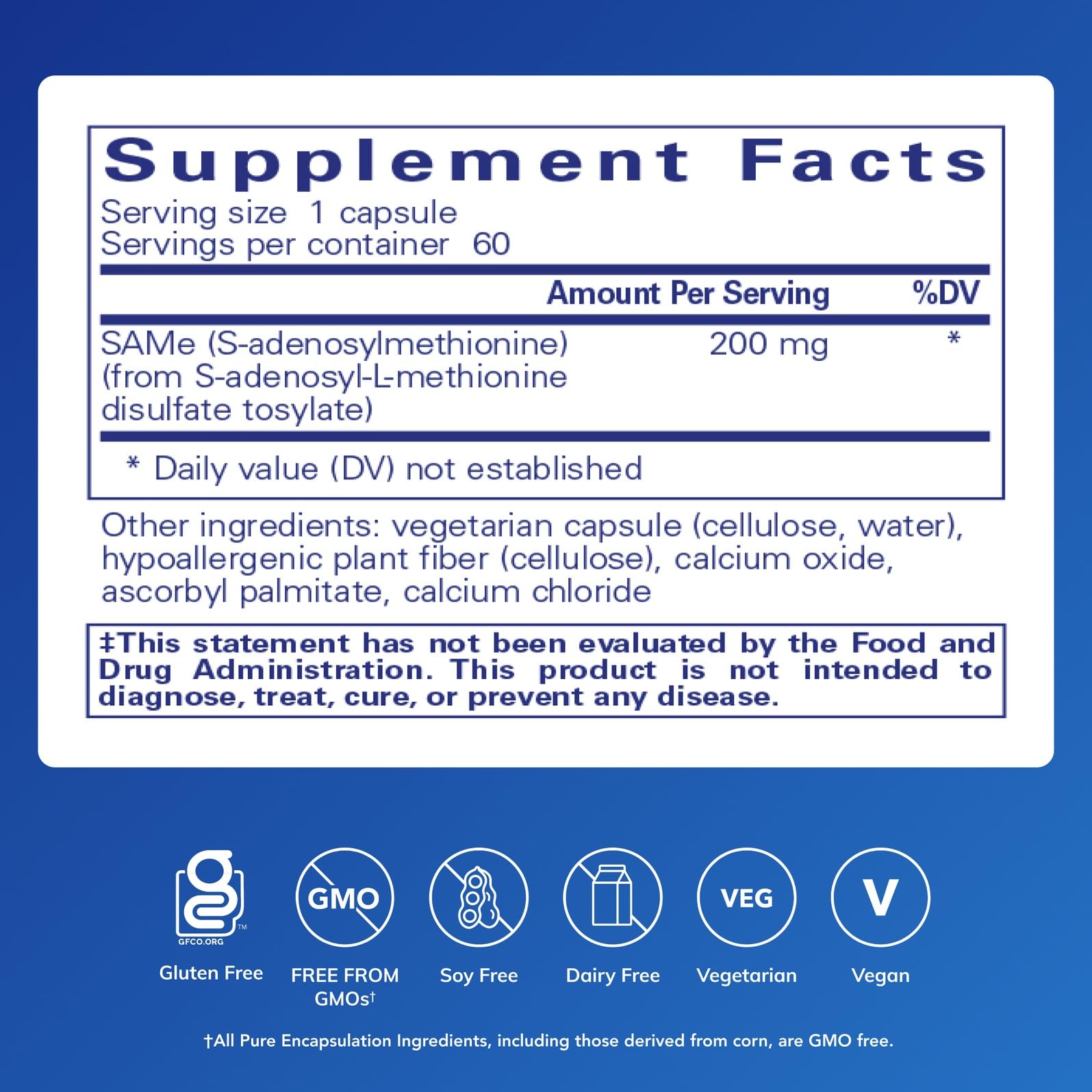 Pure Encapsulations SAMe botella de 60 cápsulas para uso diario.