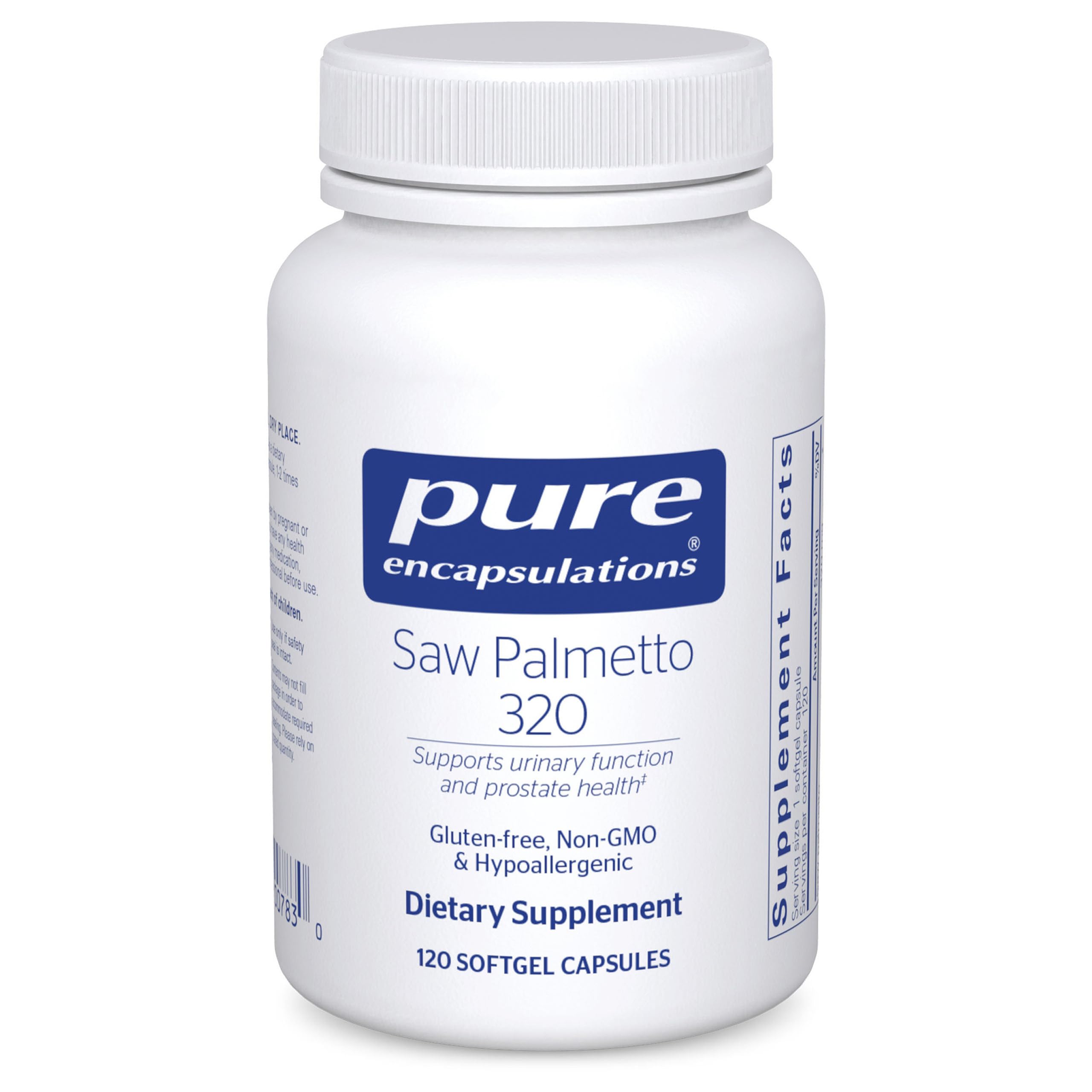 Pure Encapsulations Saw Palmetto 320 en botella de cápsulas blandas para uso diario.