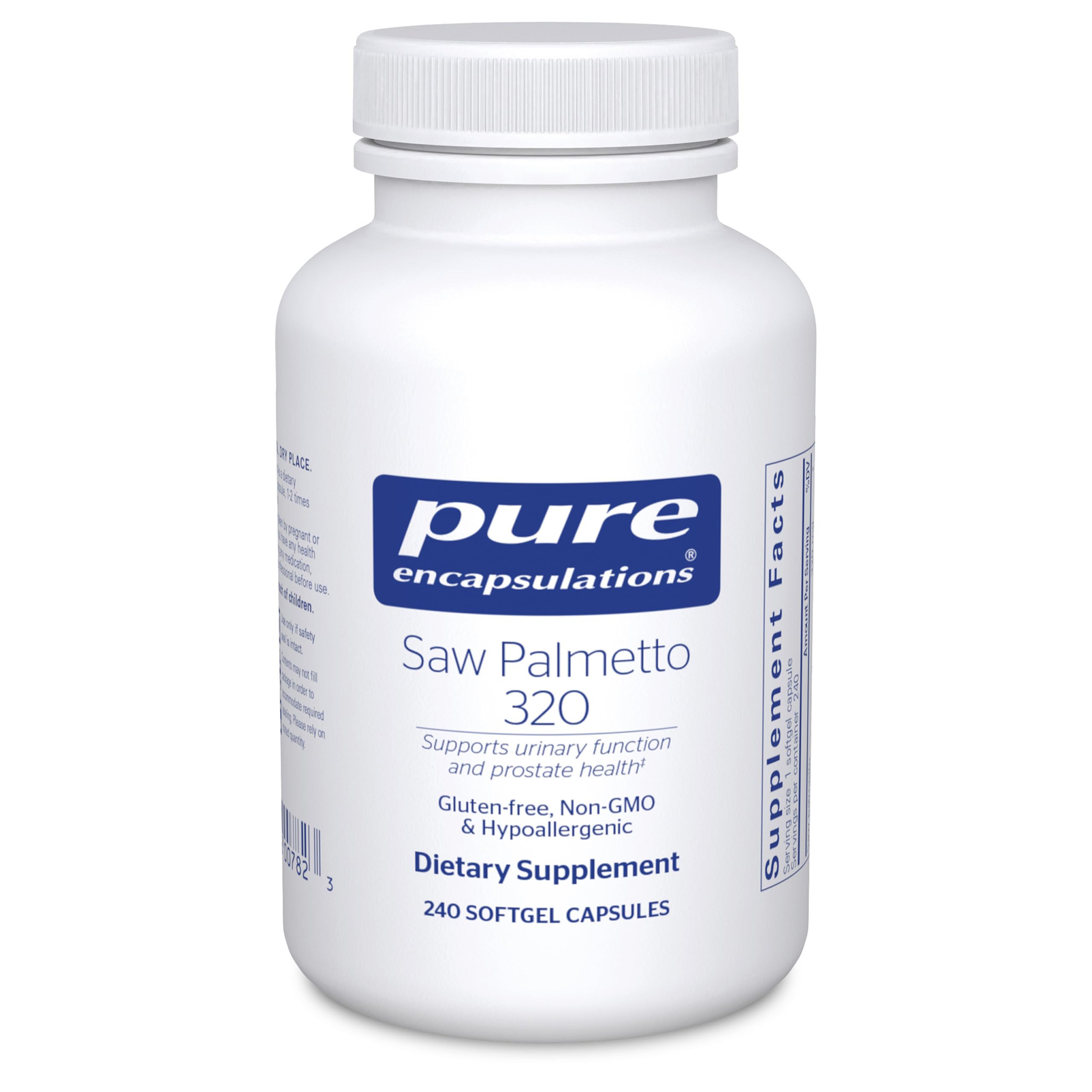 Botella de Pure Encapsulations Saw Palmetto 320 con cápsulas blandas para uso diario