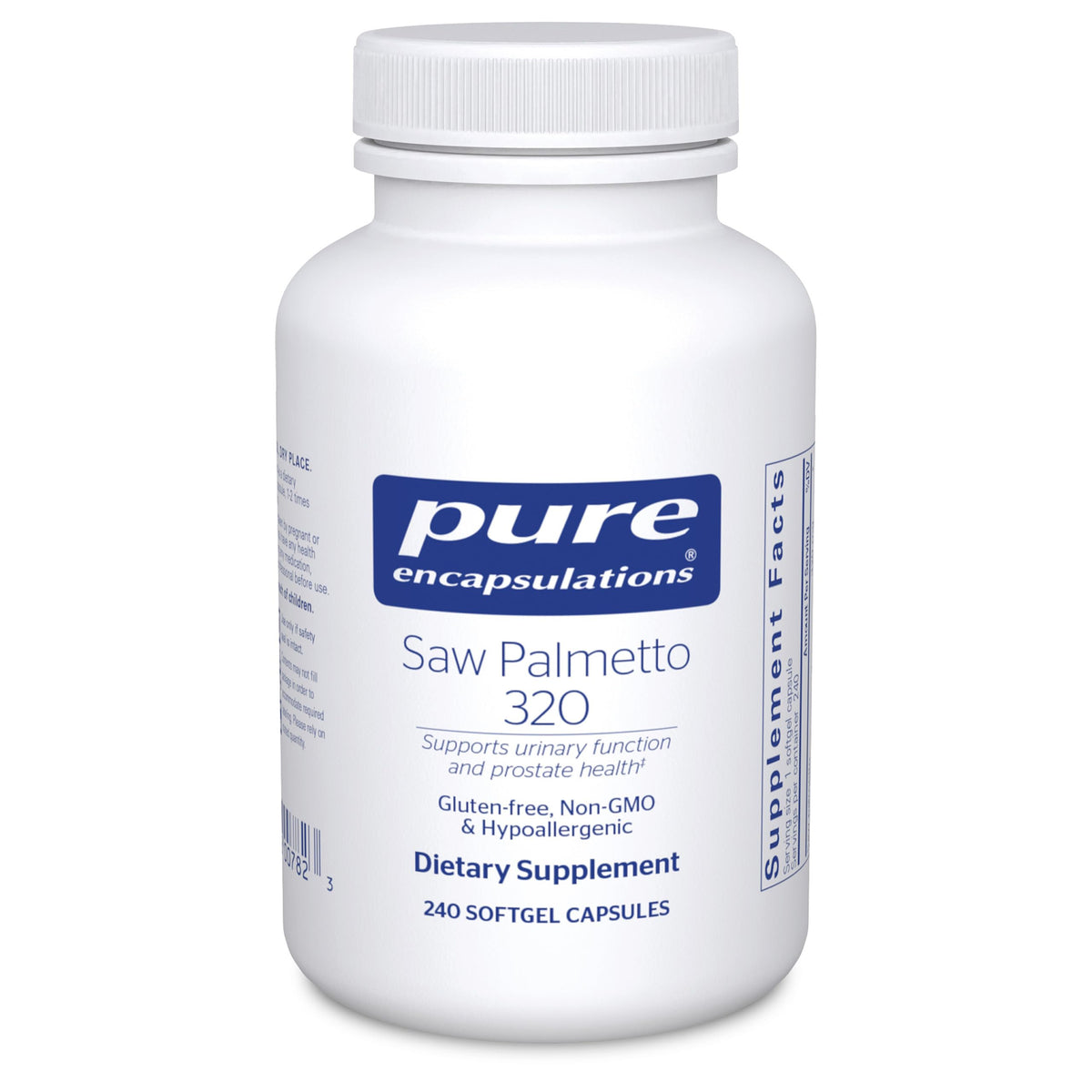 Botella de Pure Encapsulations Saw Palmetto 320 con cápsulas blandas para uso diario
