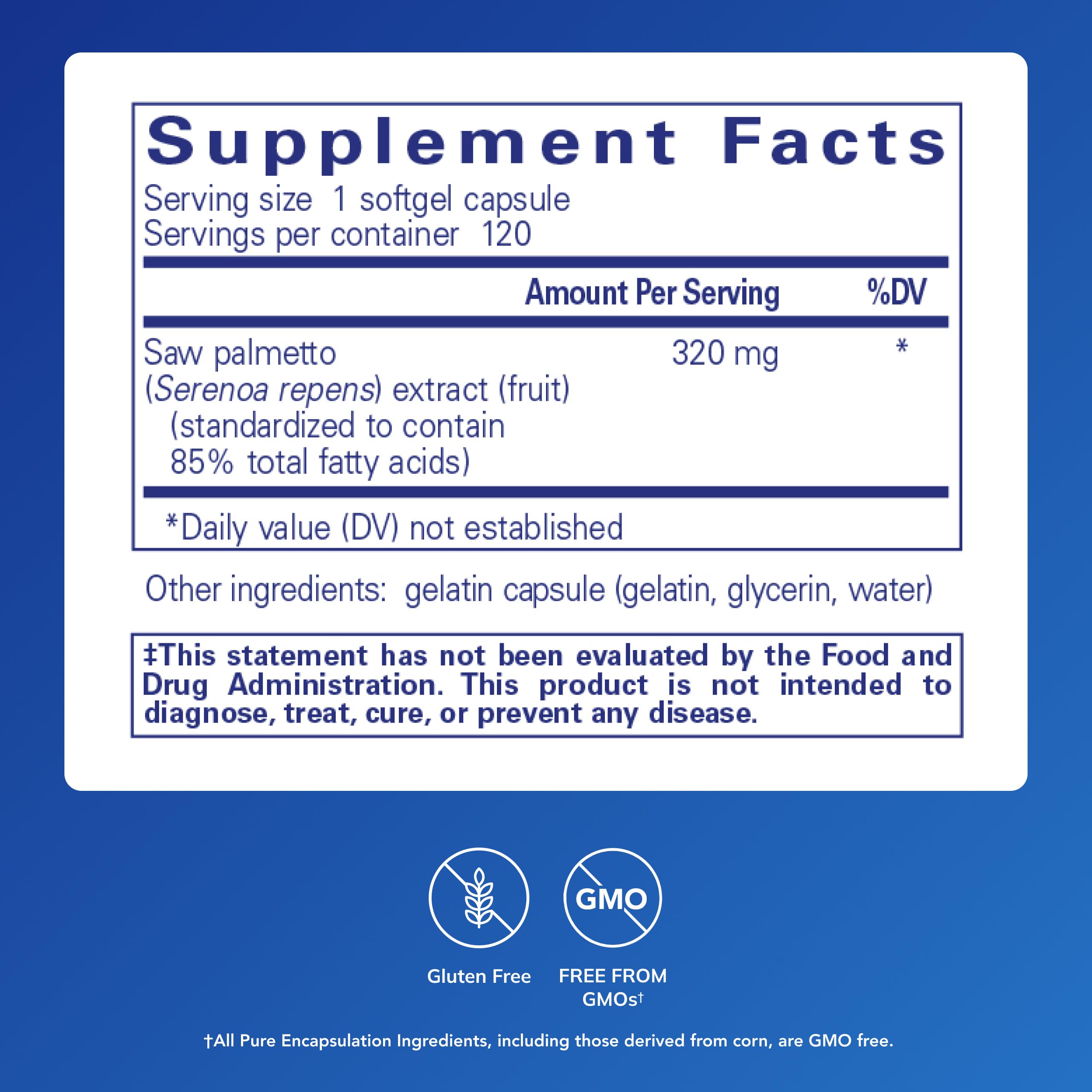 Etiqueta frontal de Pure Encapsulations Saw Palmetto 320 con dosis para uso diario.