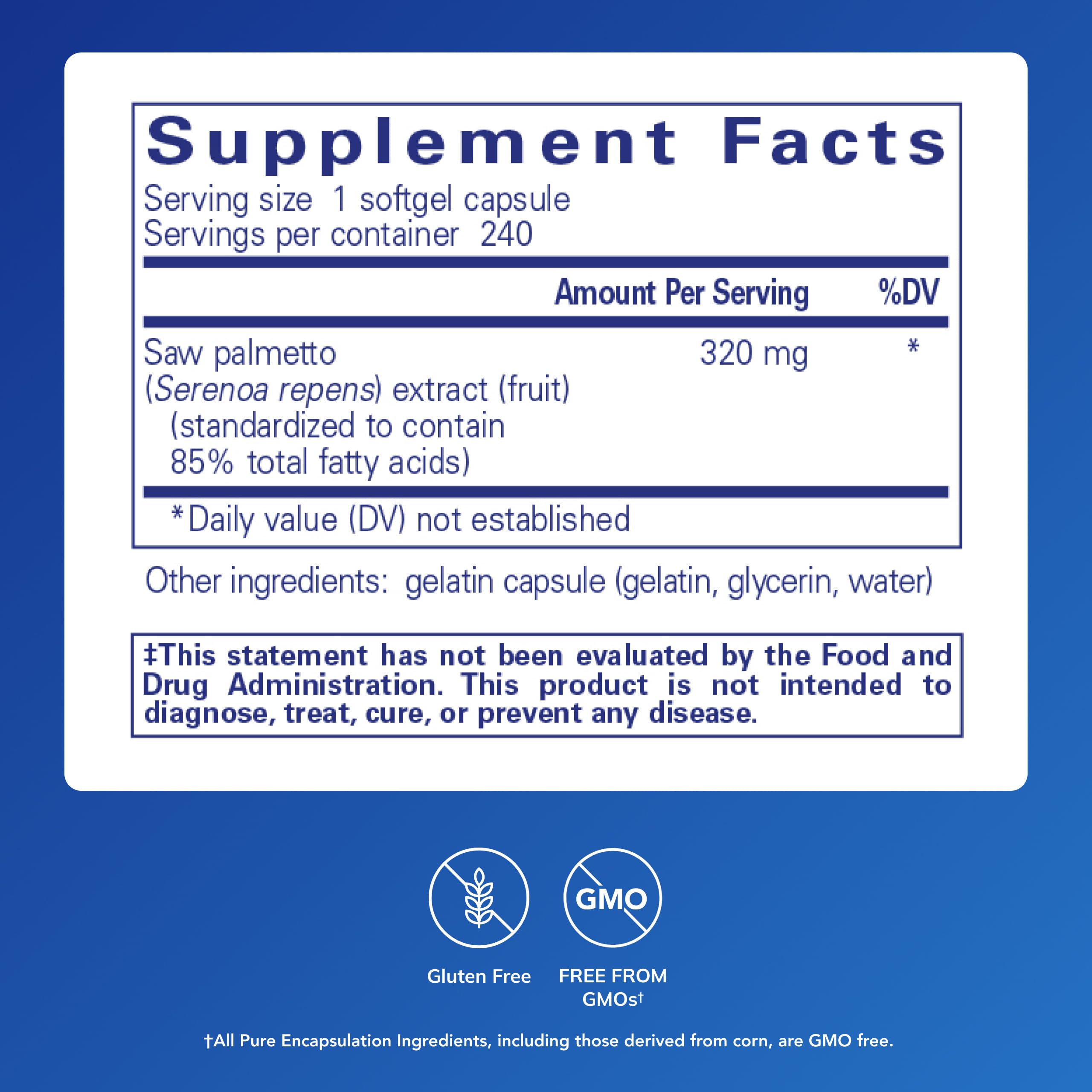 Etiqueta frontal de Pure Encapsulations Saw Palmetto 320 destacando beneficios