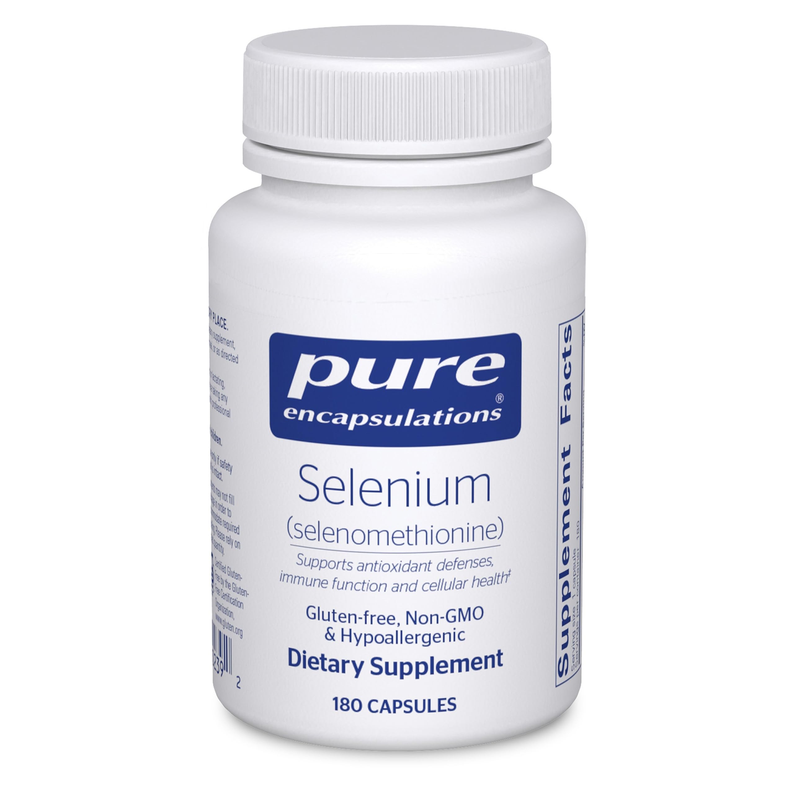 Botella de Pure Encapsulations Selenium con 180 cápsulas para uso diario.
