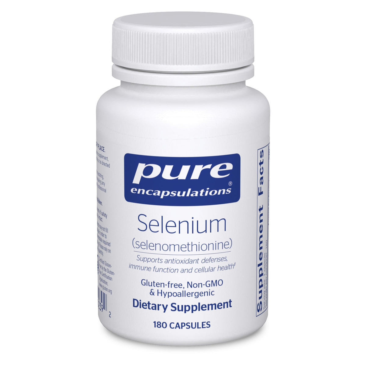 Botella de Pure Encapsulations Selenium con 180 cápsulas para uso diario.