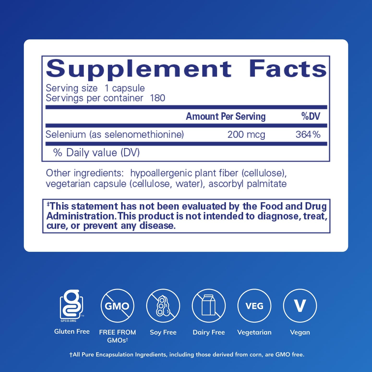 Etiqueta frontal de Pure Encapsulations Selenium, suplemento vegano y sin gluten.