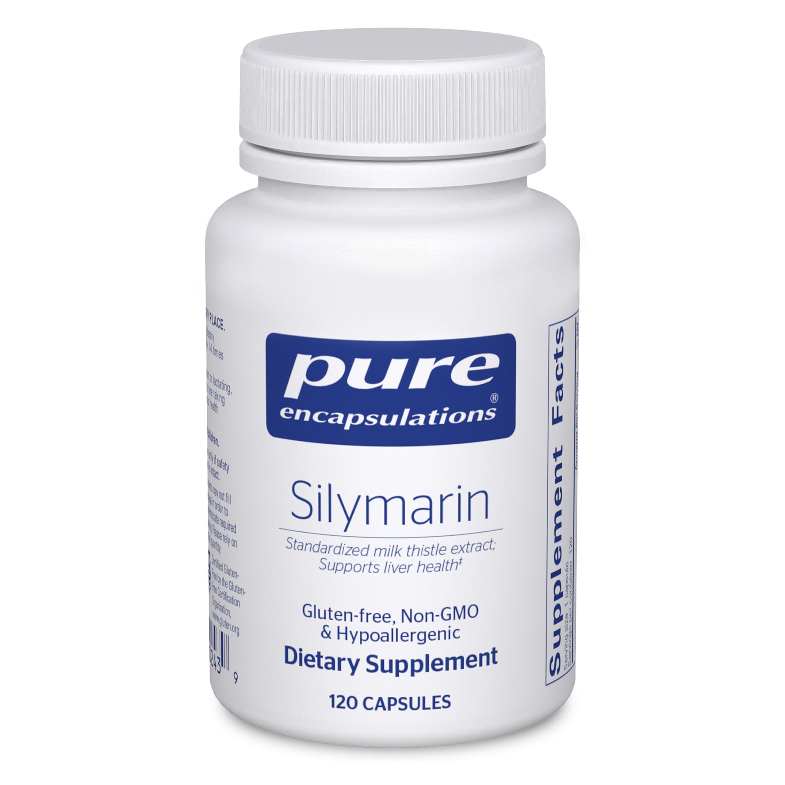Pure Encapsulations Silymarin en botella, posible apoyo a la salud hepática diaria.