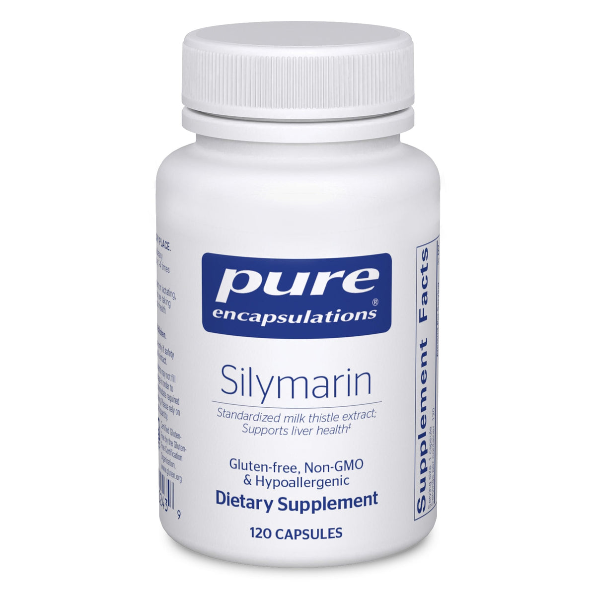 Pure Encapsulations Silymarin en botella, posible apoyo a la salud hepática diaria.