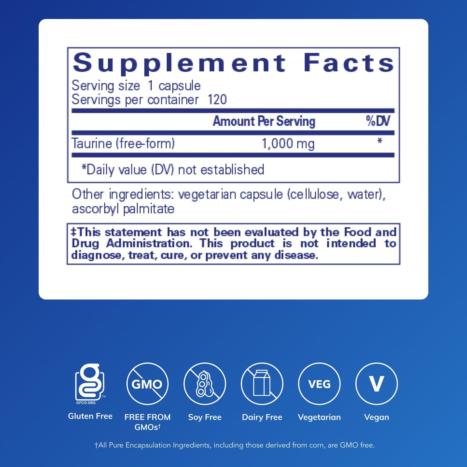 Etiqueta de Taurina 1000 mg de Pure Encapsulations, ingredientes limpios y aptos para dietas.