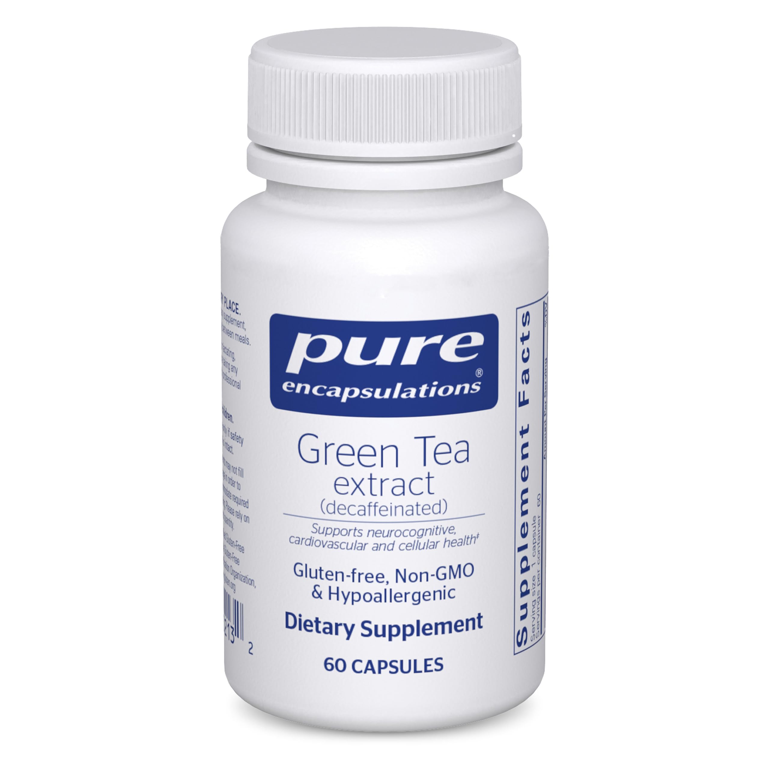 Pure Encapsulations té verde sin cafeína en frasco de 60 cápsulas para uso diario