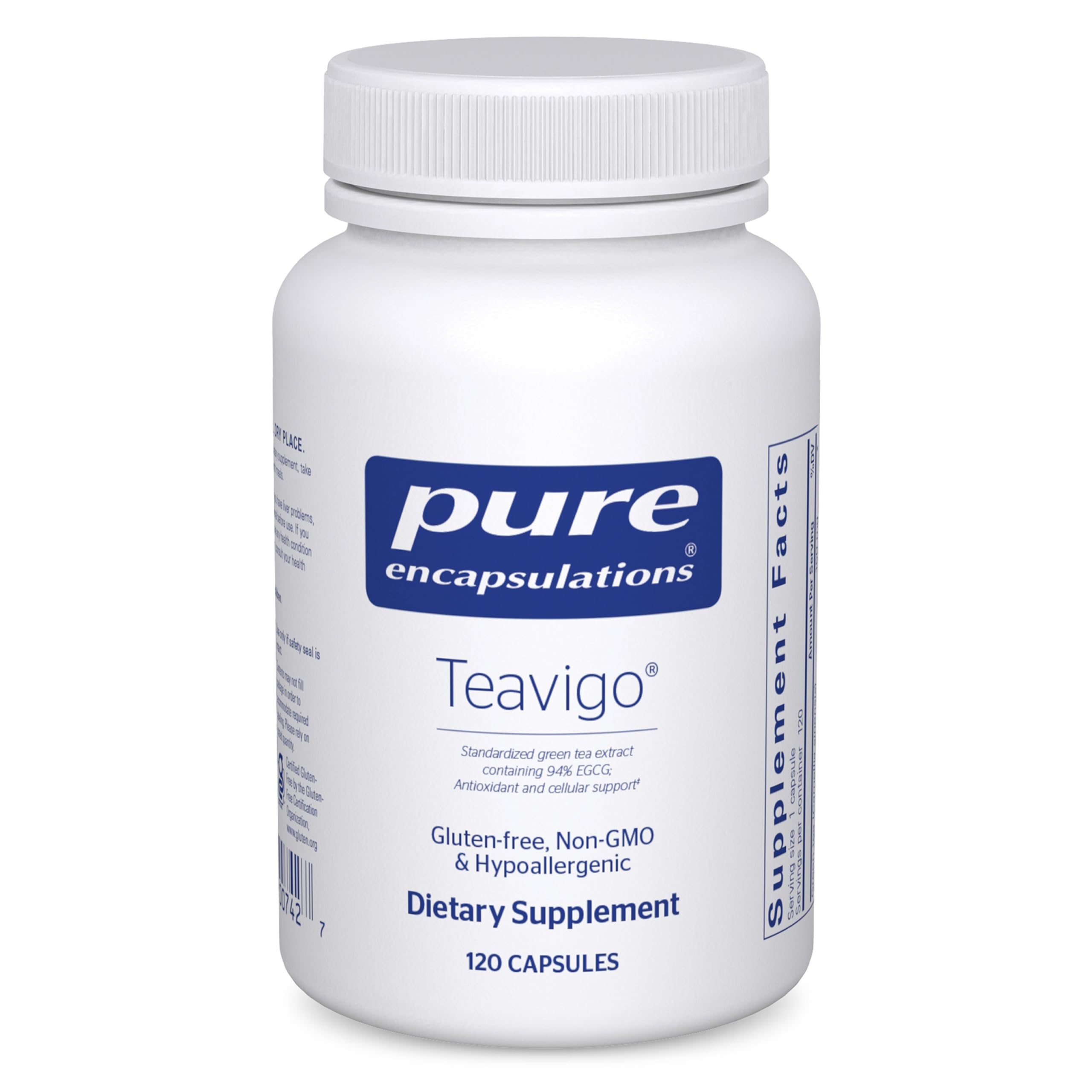 Pure Encapsulations Teavigo frascos: soporte antioxidante para el bienestar diario.