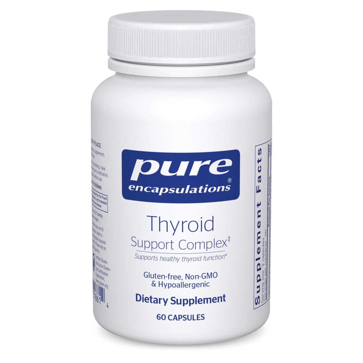 Pure Encapsulations Thyroid Support Complex, botella, apoyo diario a la salud tiroidea.