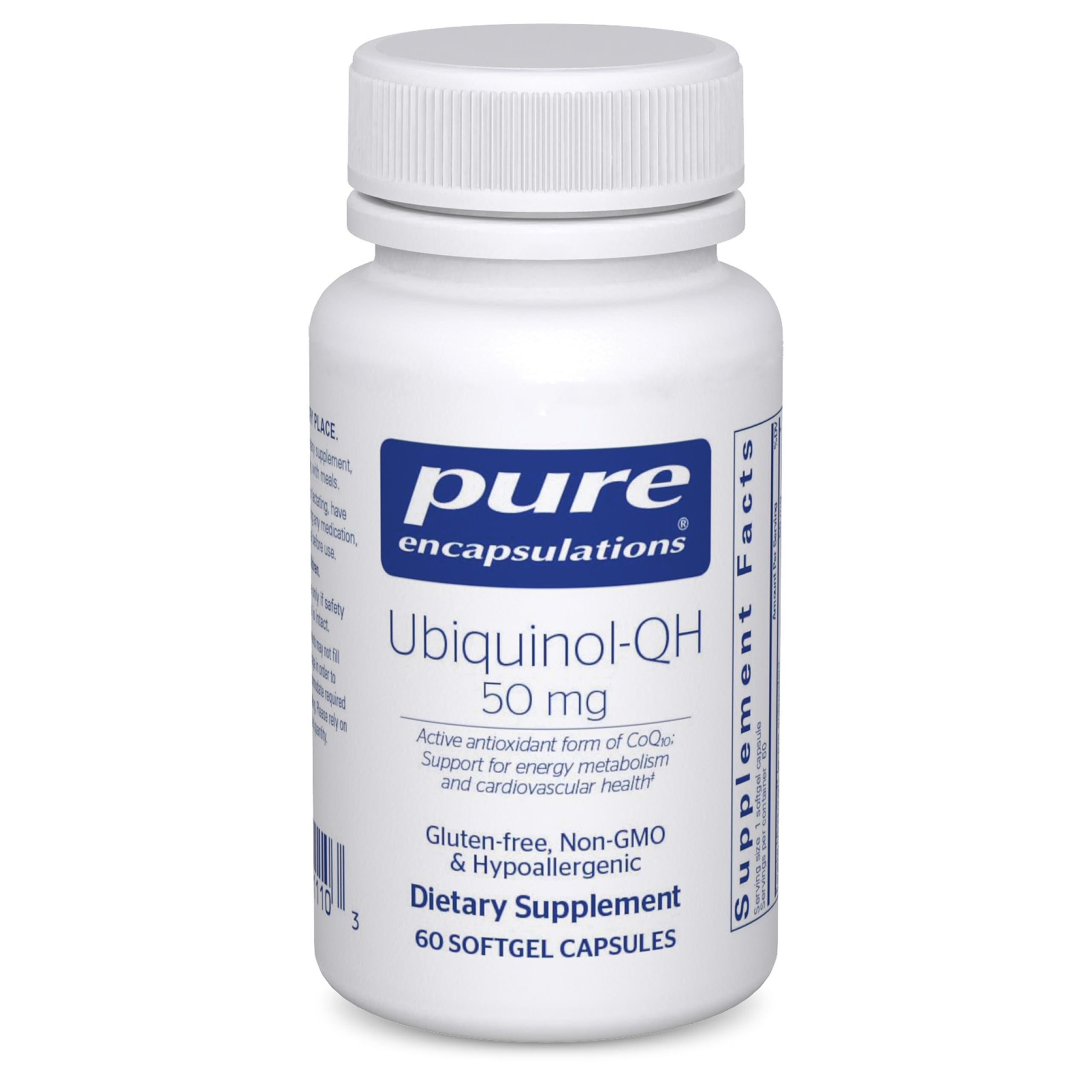 Pure Encapsulations Ubiquinol-QH 50 mg, botella vista frontal, potencial apoyo de energía celular.
