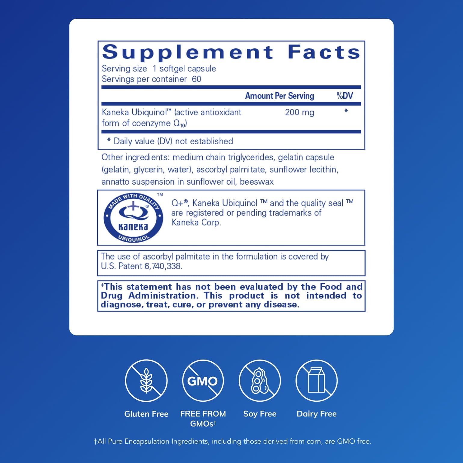 Pure Encapsulations Ubiquinol-QH, etiqueta frontal, destaca ingrediente activo para la salud cardíaca.