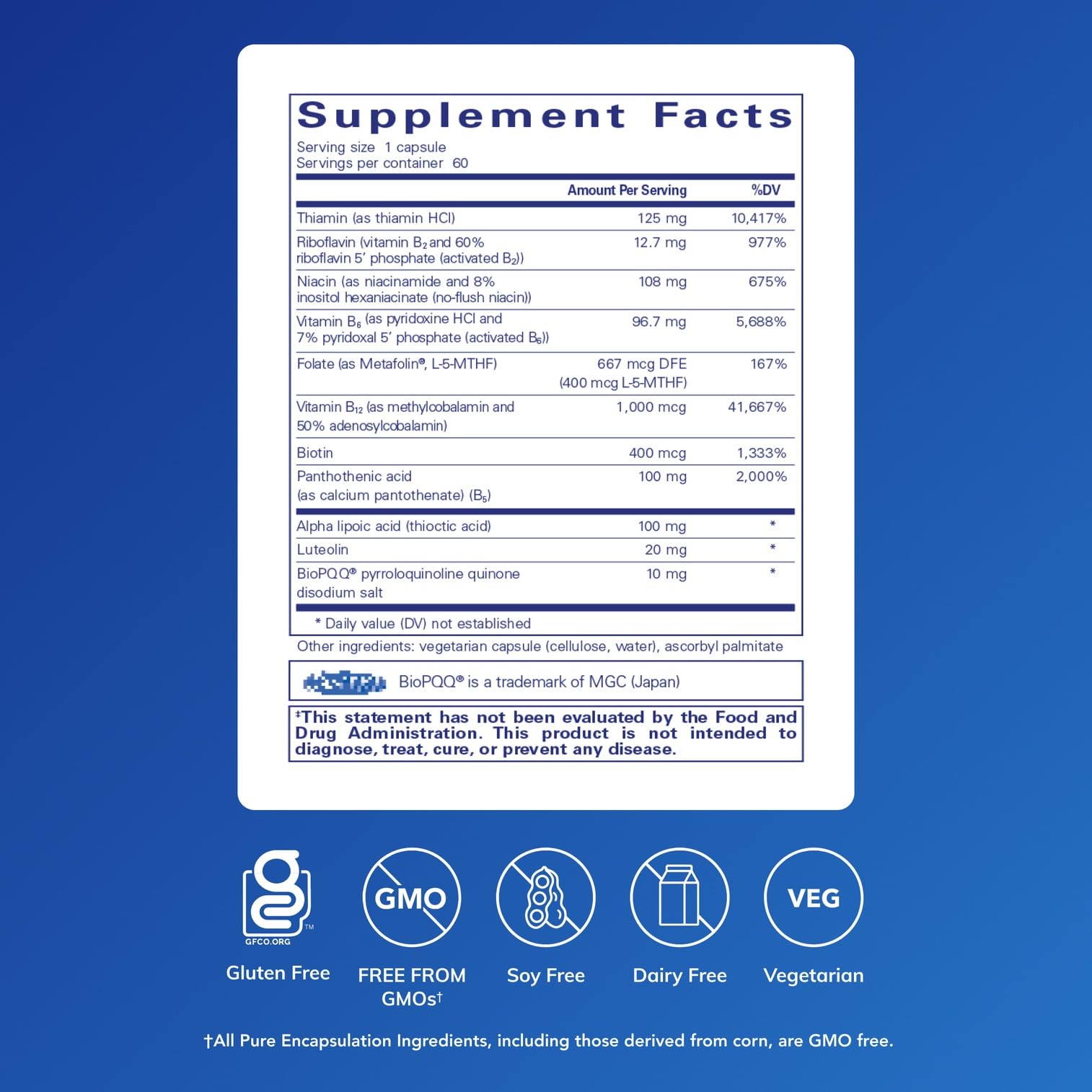 Pure Encapsulations Ultra B-Complex con PQQ, etiqueta frontal con información nutricional