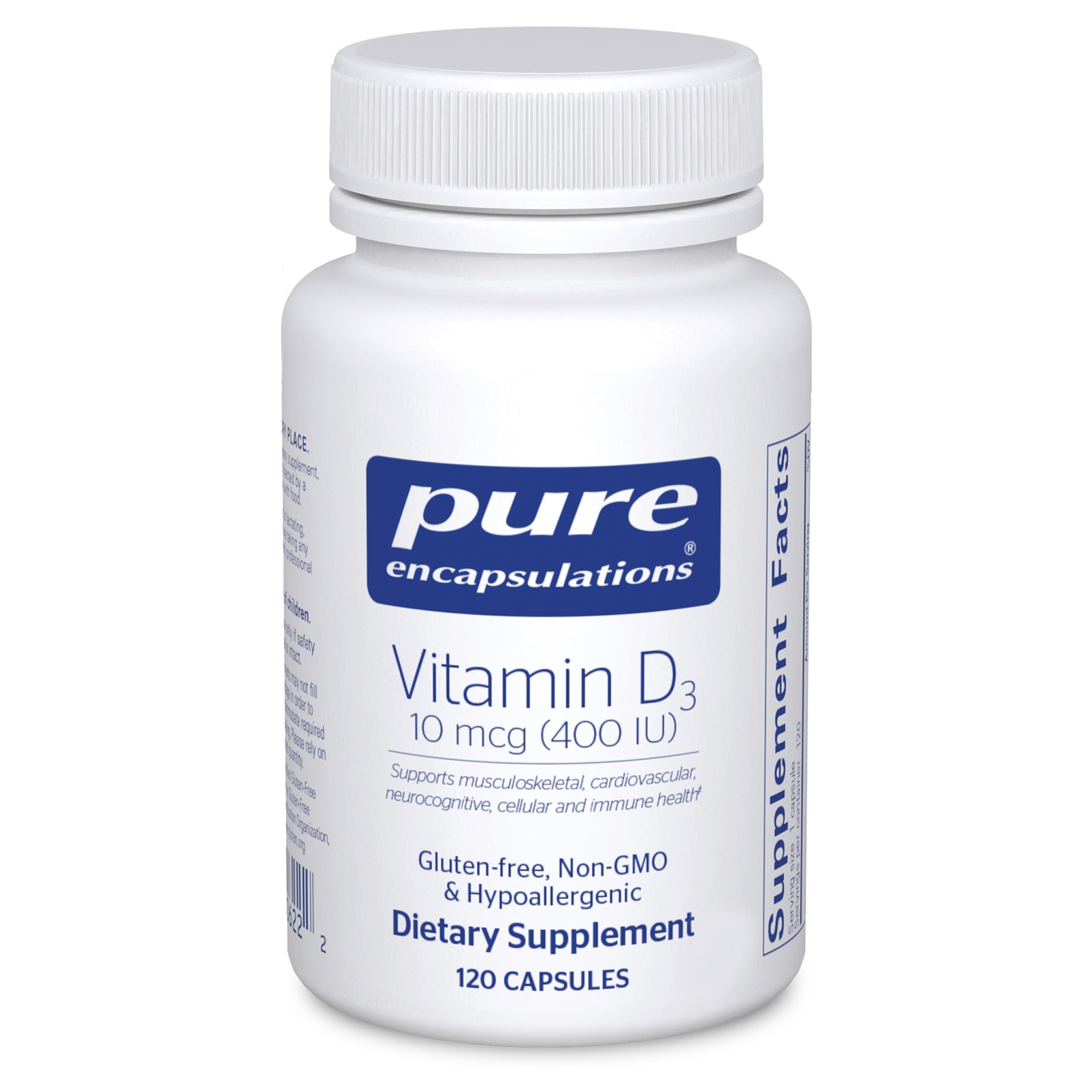 Pure Encapsulations Vitamina D3, botella de cápsulas, apoya la salud ósea.