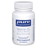 Pure Encapsulations Vitamina D3, botella de cápsulas, apoya la salud ósea.