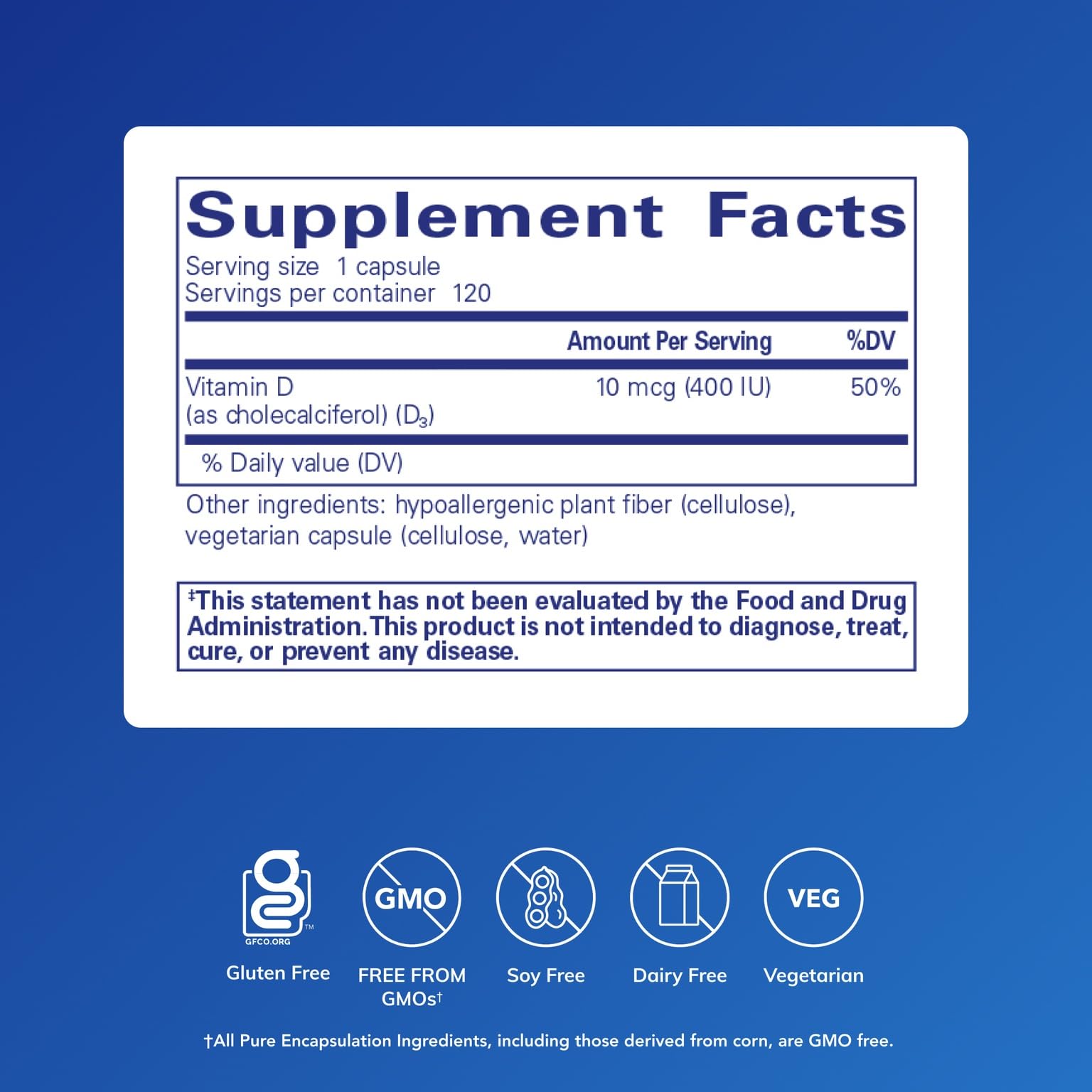 Pure Encapsulations Vitamina D3, cápsulas hipoalergénicas para el sistema inmune.