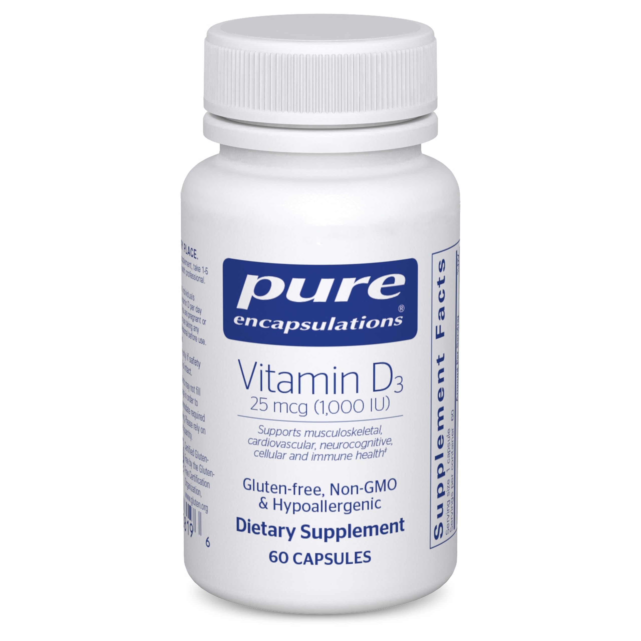 Pure Encapsulations Vitamina D3 1000IU en bote de cápsulas, para salud ósea.