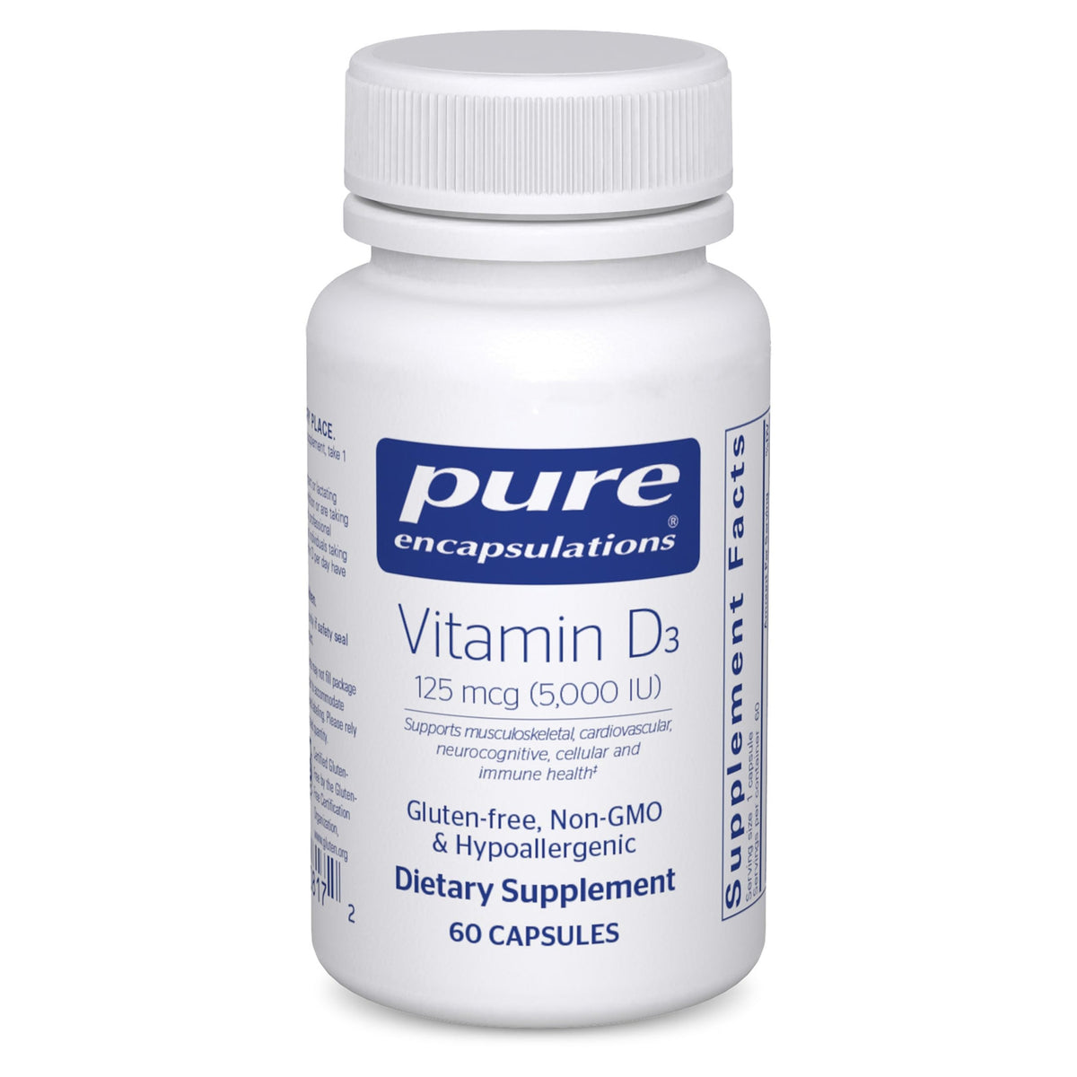 Pure Encapsulations Vitamina D3 en frasco frontal, apoya la salud ósea