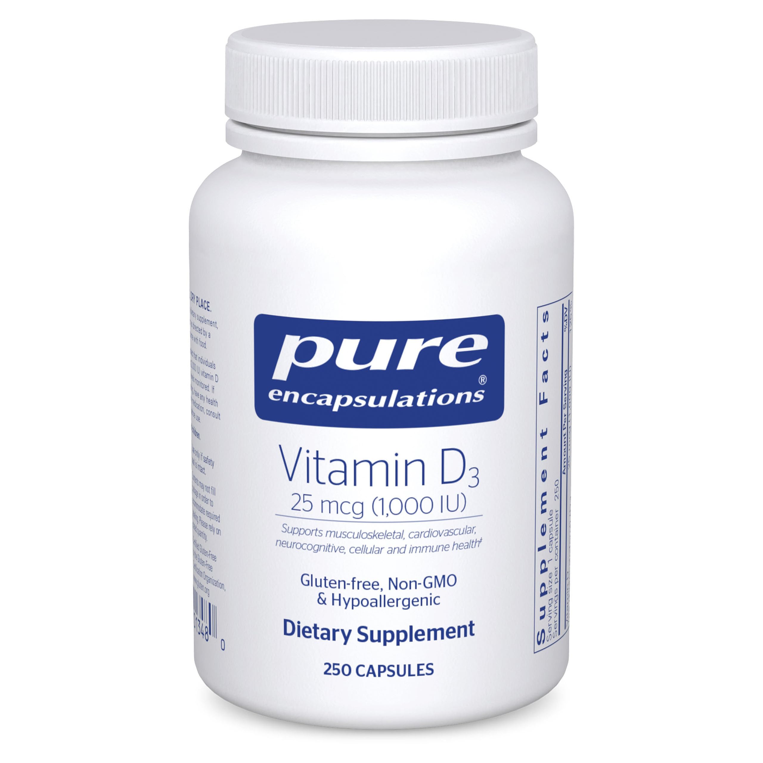 Pure Encapsulations Vitamina D3 cápsulas: posible apoyo a la salud ósea e inmunitaria.