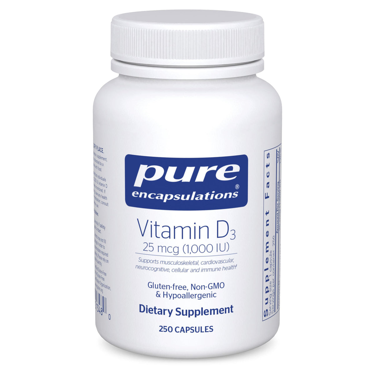 Pure Encapsulations Vitamina D3 cápsulas: posible apoyo a la salud ósea e inmunitaria.