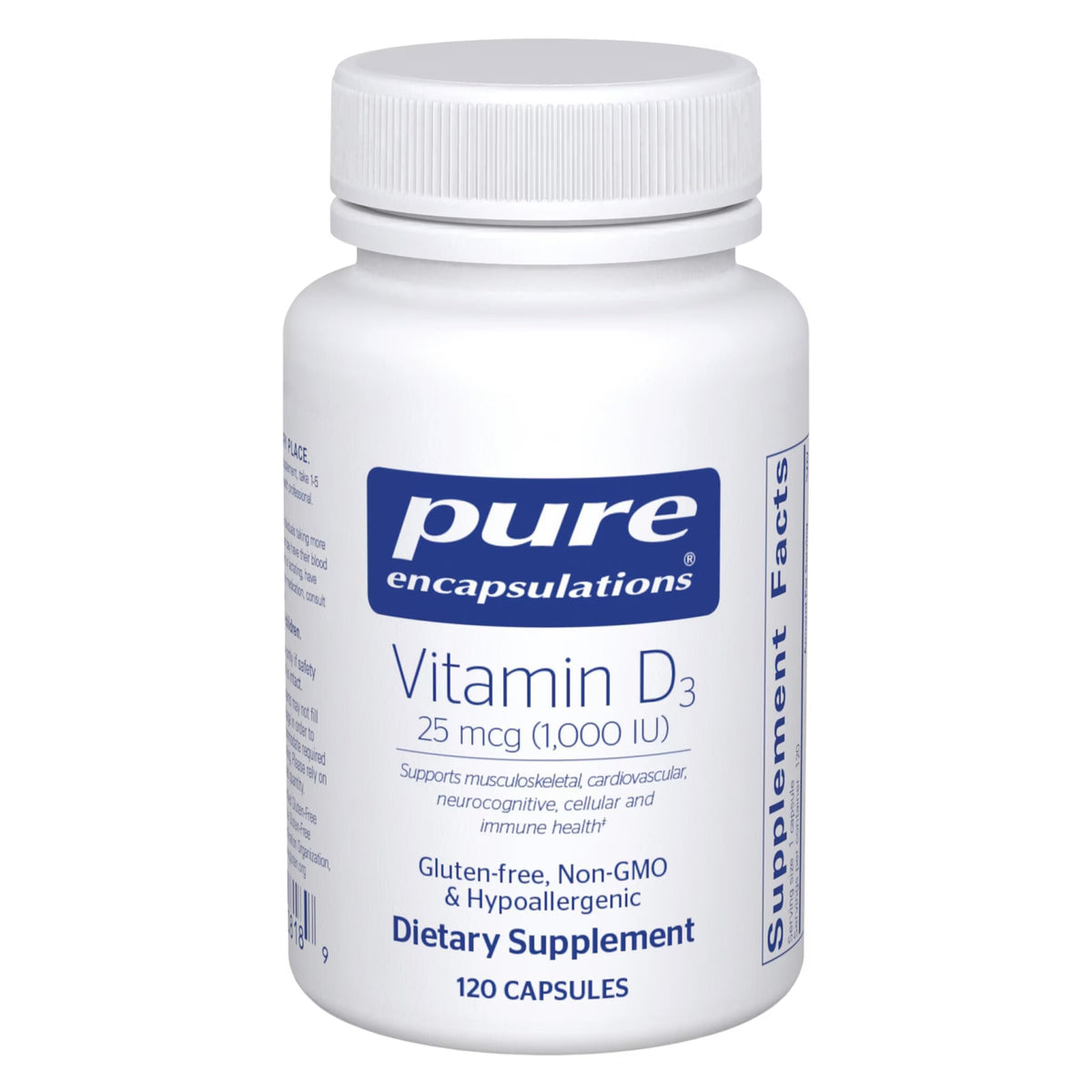 Pure Encapsulations Vitamina D3, frasco de 120 cápsulas para uso diario.