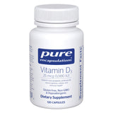 Pure Encapsulations Vitamina D3, frasco de 120 cápsulas para uso diario.