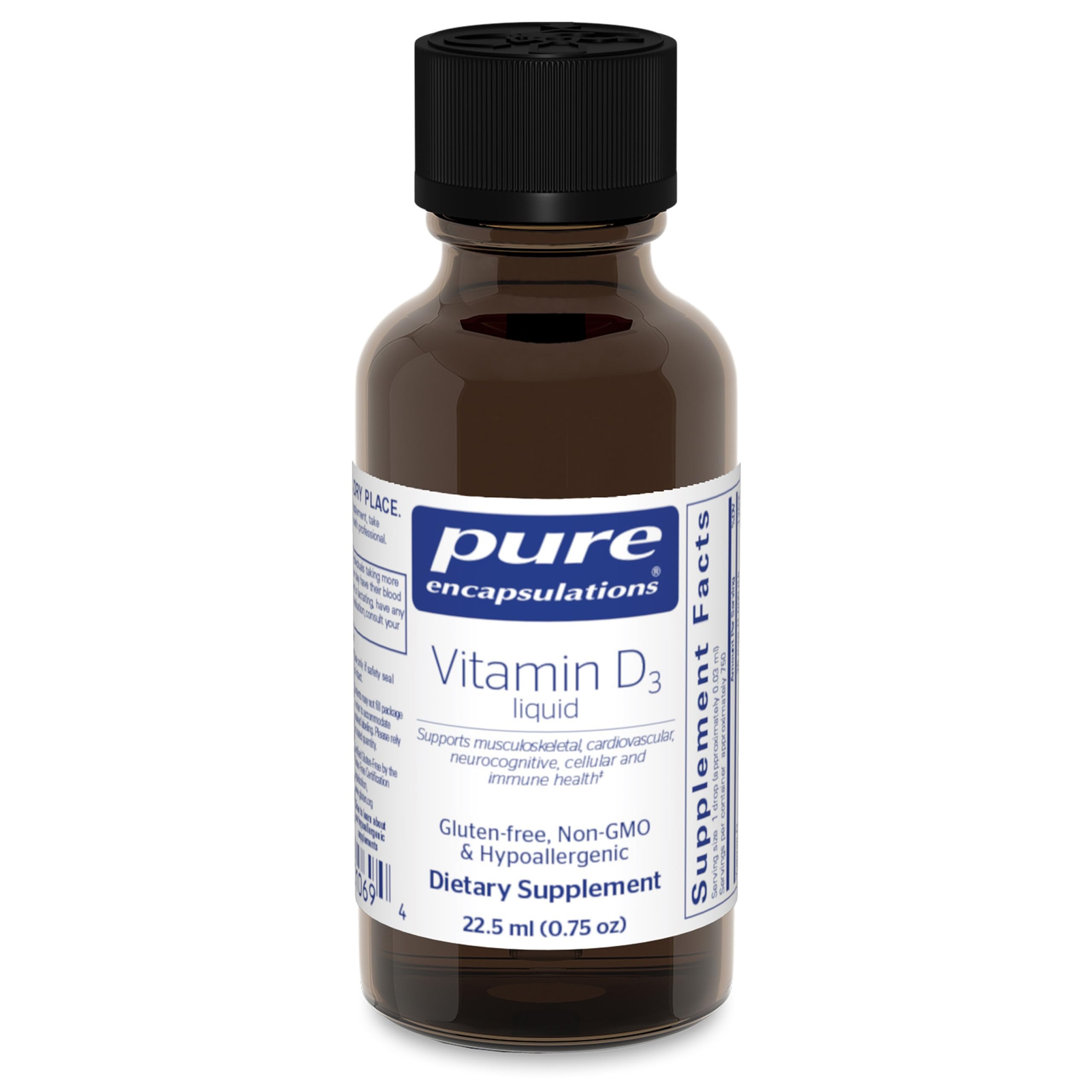 Pure Encapsulations Vitamina D3 Líquido en botella para apoyo a la salud ósea.