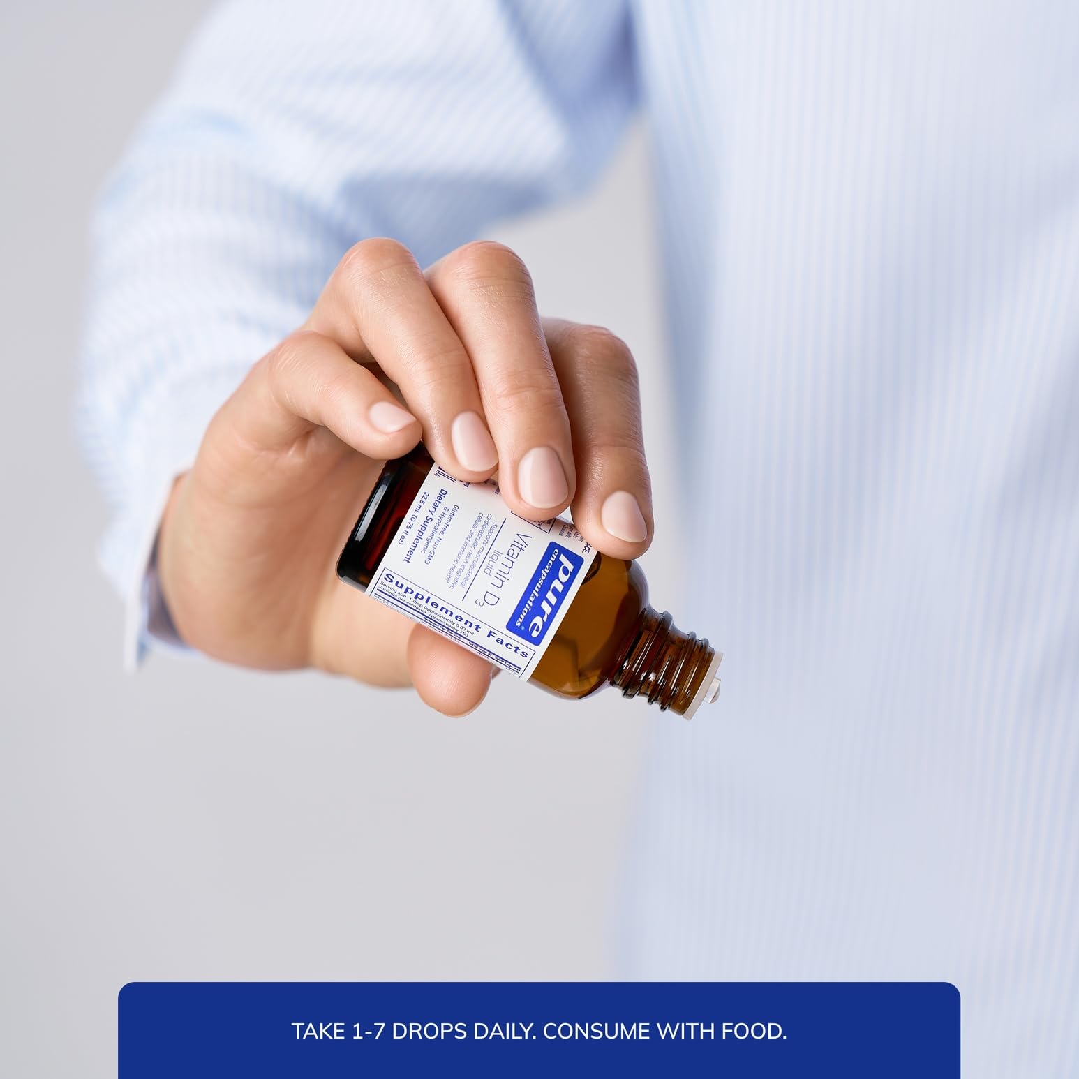 Pure Encapsulations Vitamina D3 Líquido muestra dosis diaria para uso práctico y seguro.