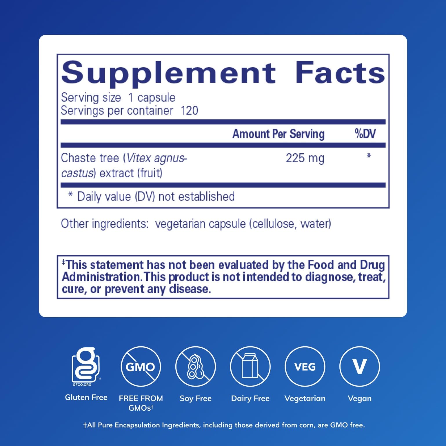 Vitex extracto 225 mg en cápsulas, uso diario para balance hormonal.