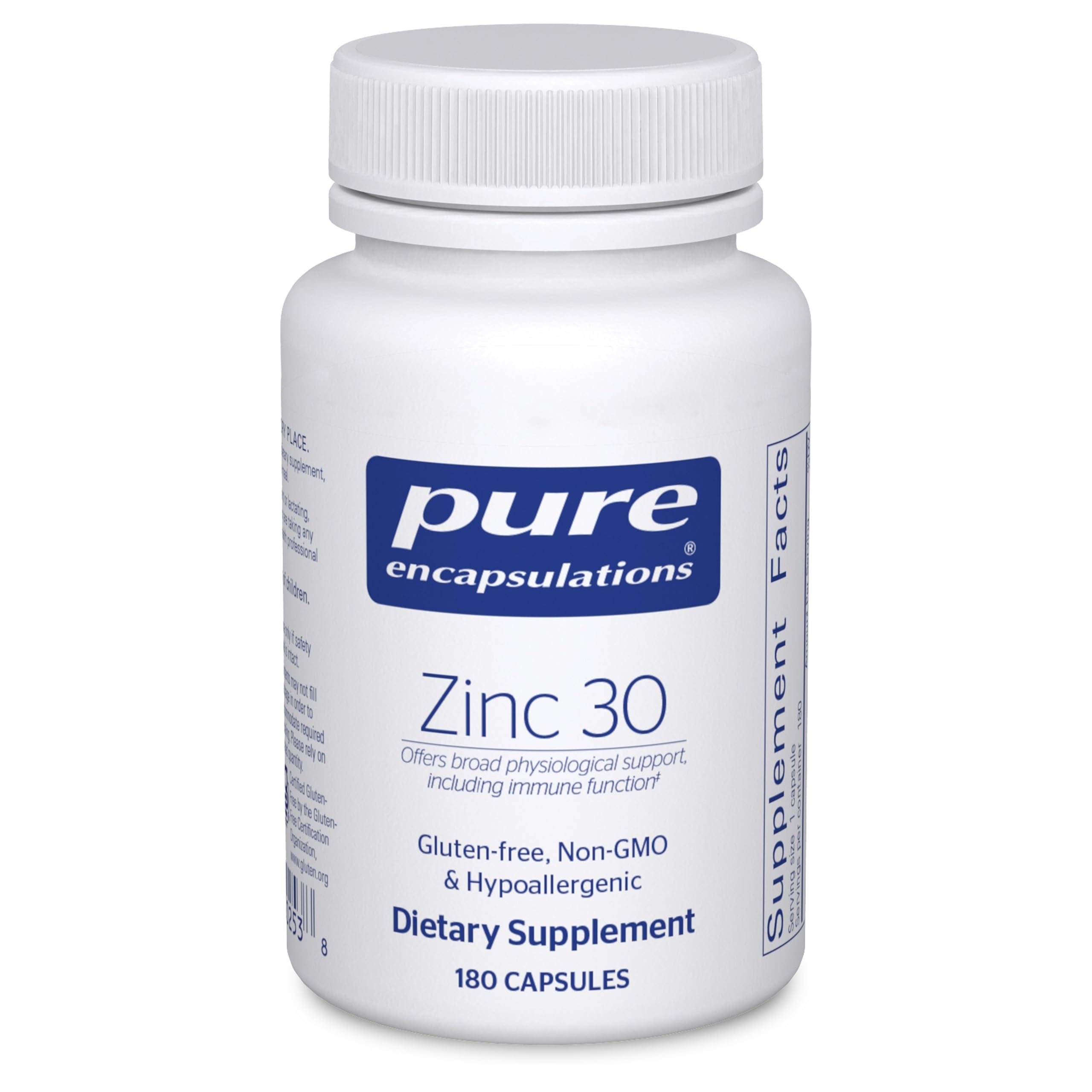 Pure Encapsulations Zinc 30 mg: botella visible para apoyo general del sistema inmunitario.
