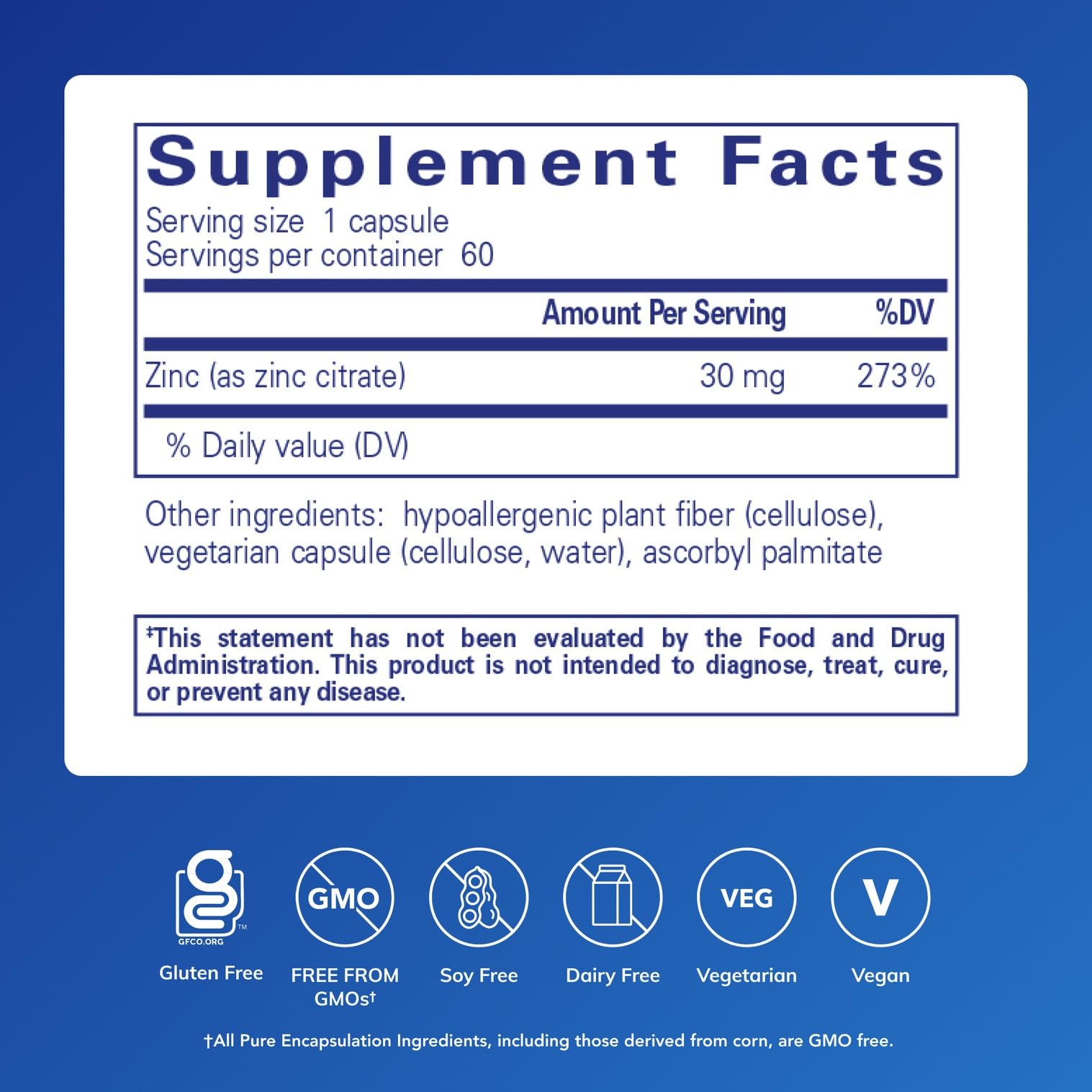 Pure Encapsulations Zinc Citrato: botella de cápsulas para consumo diario