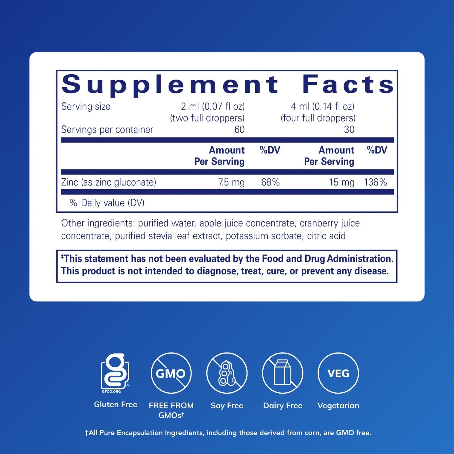 Pure Encapsulations Zinc Liquid 15 mg, etiqueta frontal clara