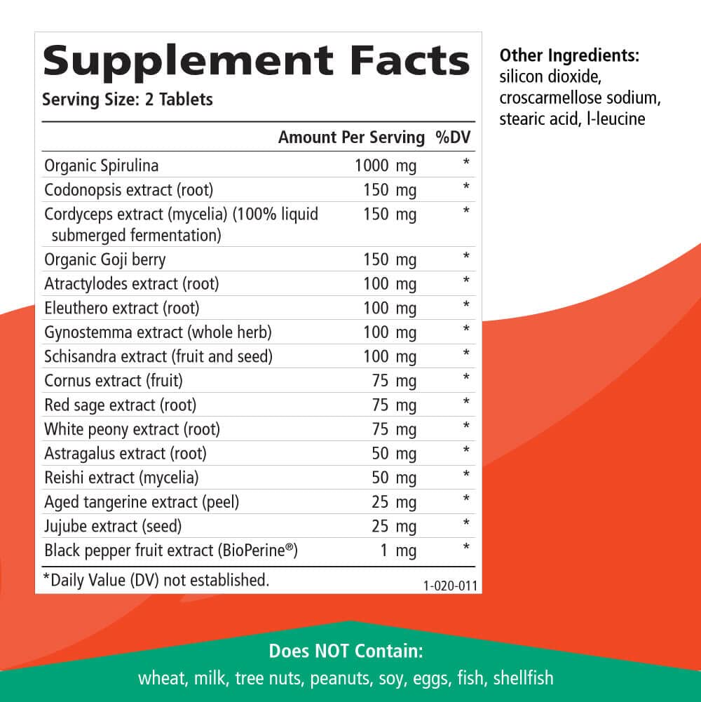 EnergyPlus de Pure Essence Labs: spirulina en la fórmula aporta proteína y energía.