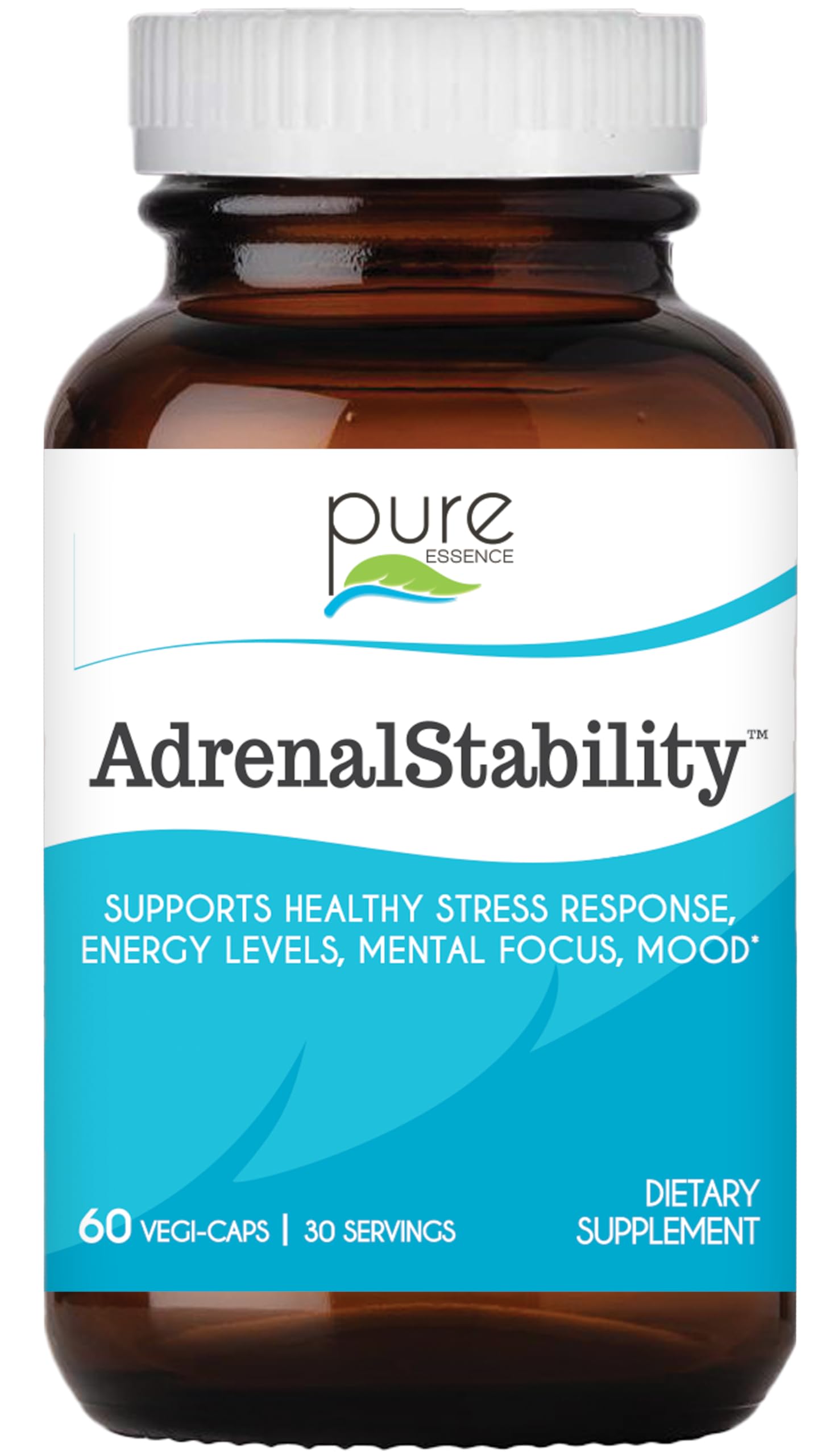 Adrenal Stability de Pure Essence Labs, botella, fácil de usar para apoyo diario de energía.