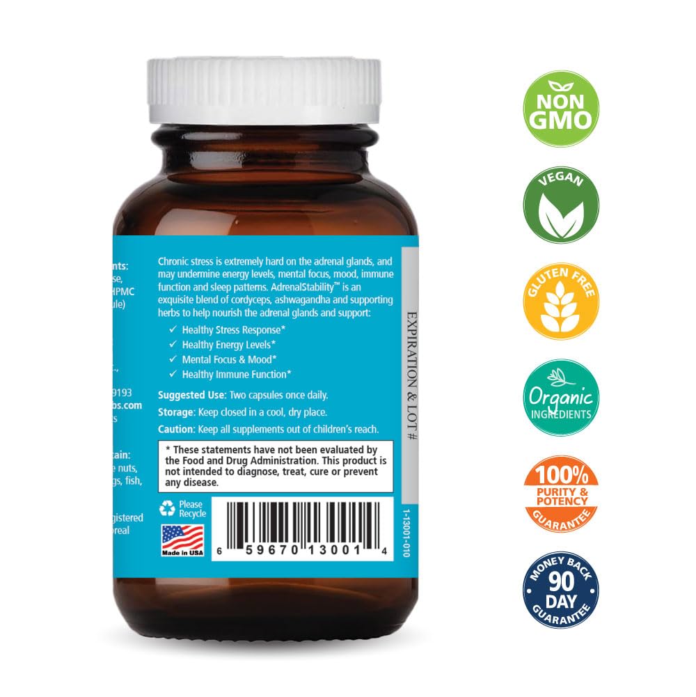 Adrenal Stability, empaque respetuoso, opción vegana y libre de alérgenos.