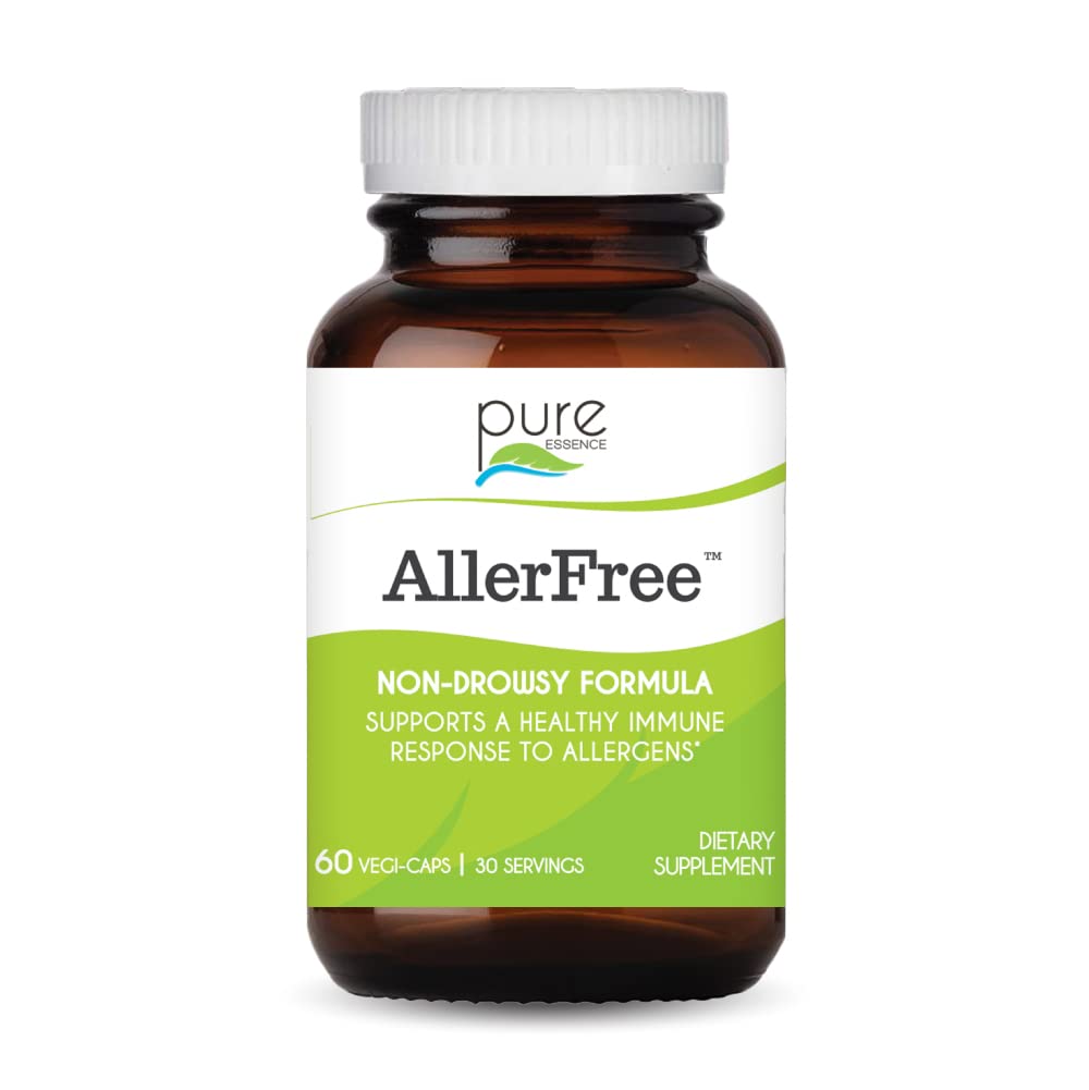 Pure Essence Labs AllerFree: frasco con cápsulas para apoyo estacional sin somnolencia.